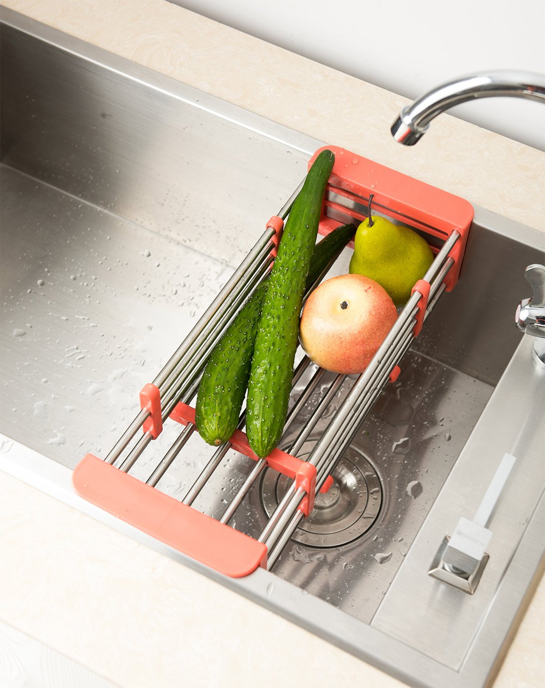 不锈钢可伸缩沥水架红色