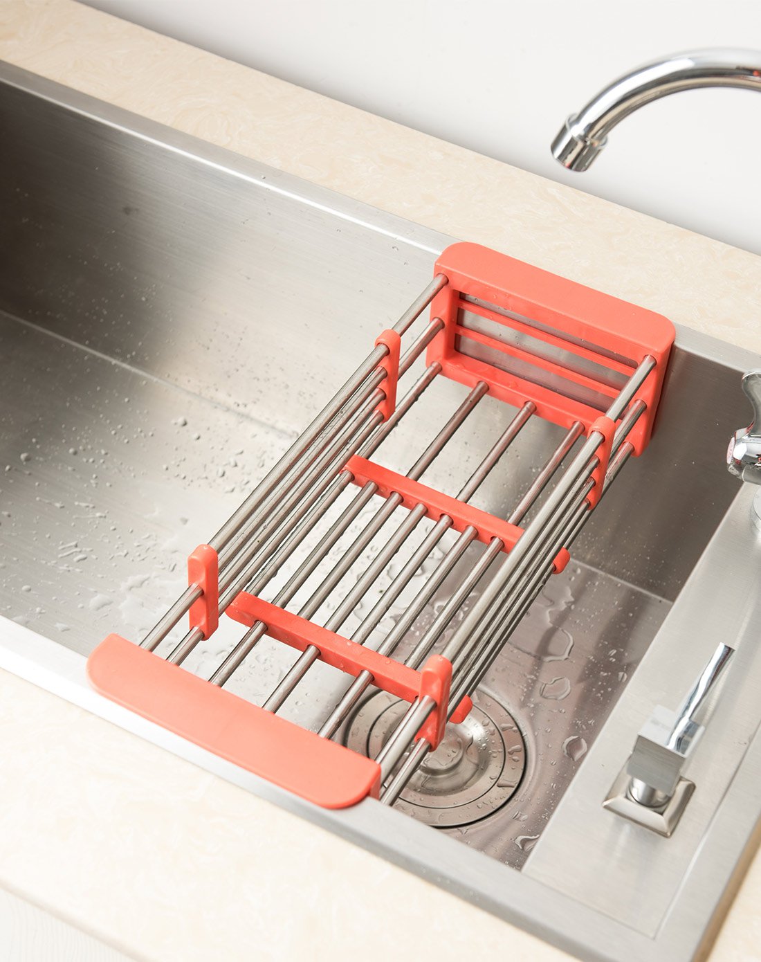 不锈钢可伸缩沥水架红色