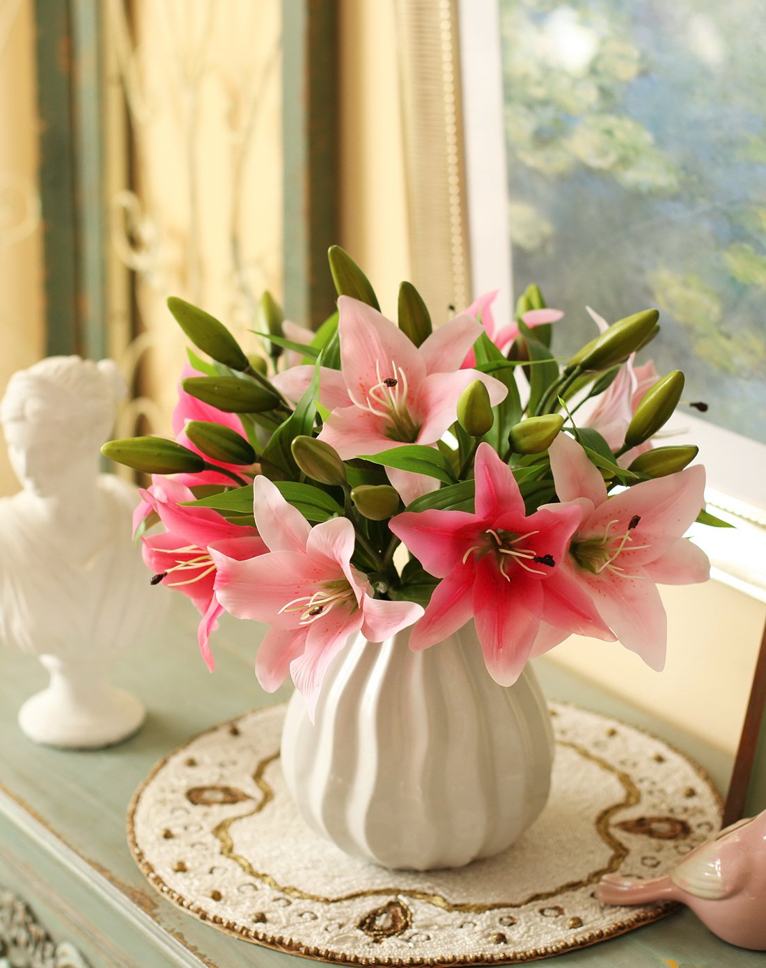 鱼西美屋 手感保湿百合花仿真花套装 白色条纹陶瓷花瓶客厅插花艺假花