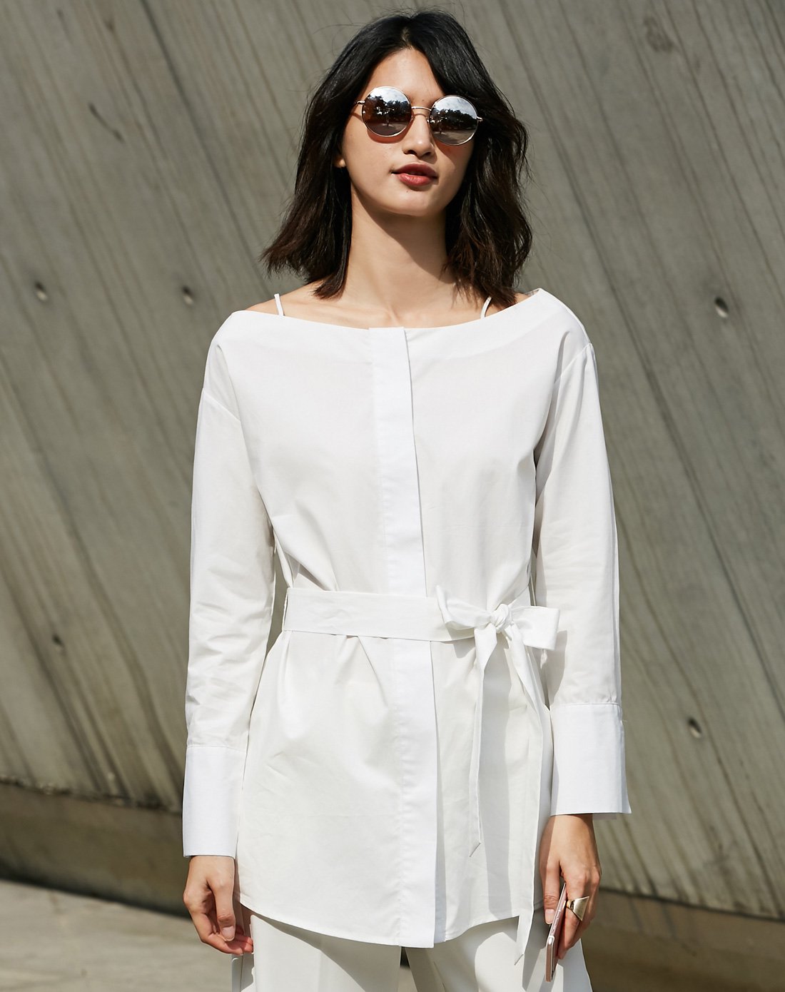 细吊带一字领暗门襟配腰带全棉衬衫黑色