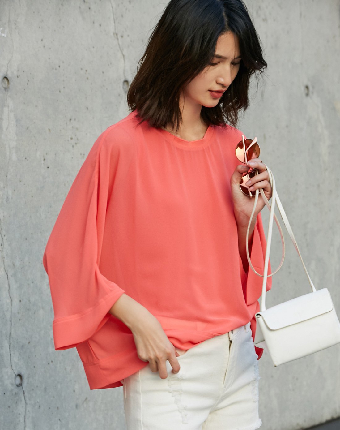 宽松罗纹圆领阔袖透视双层雪纺衫罂粟红