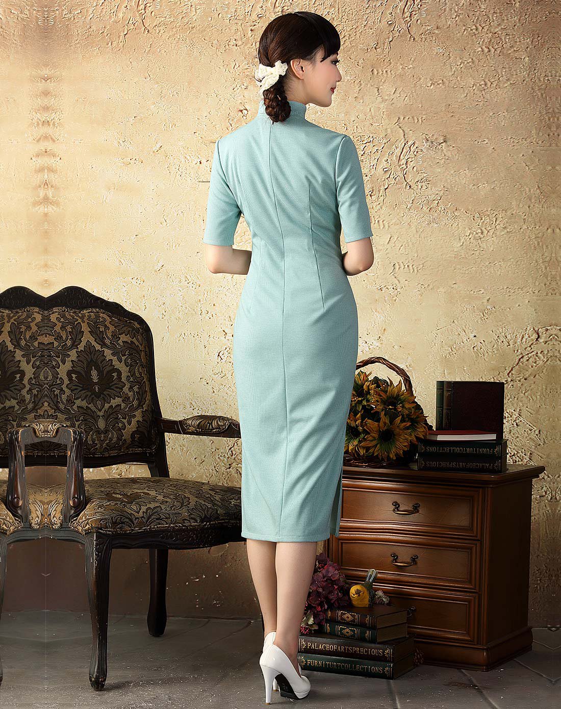 月白 中长款中袖旗袍裙