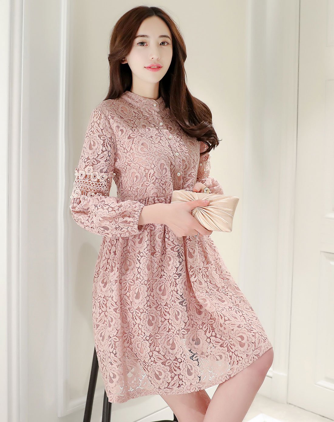 小立领灯笼袖连衣裙本白色