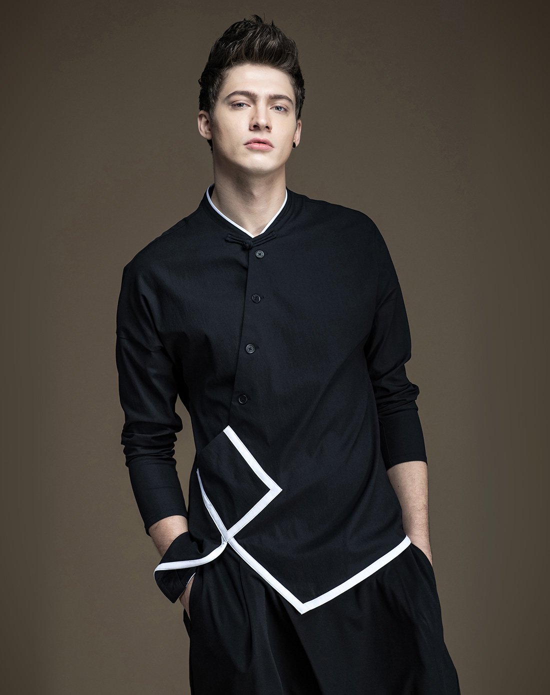 个性斜门襟潮流长袖衬衫黑色