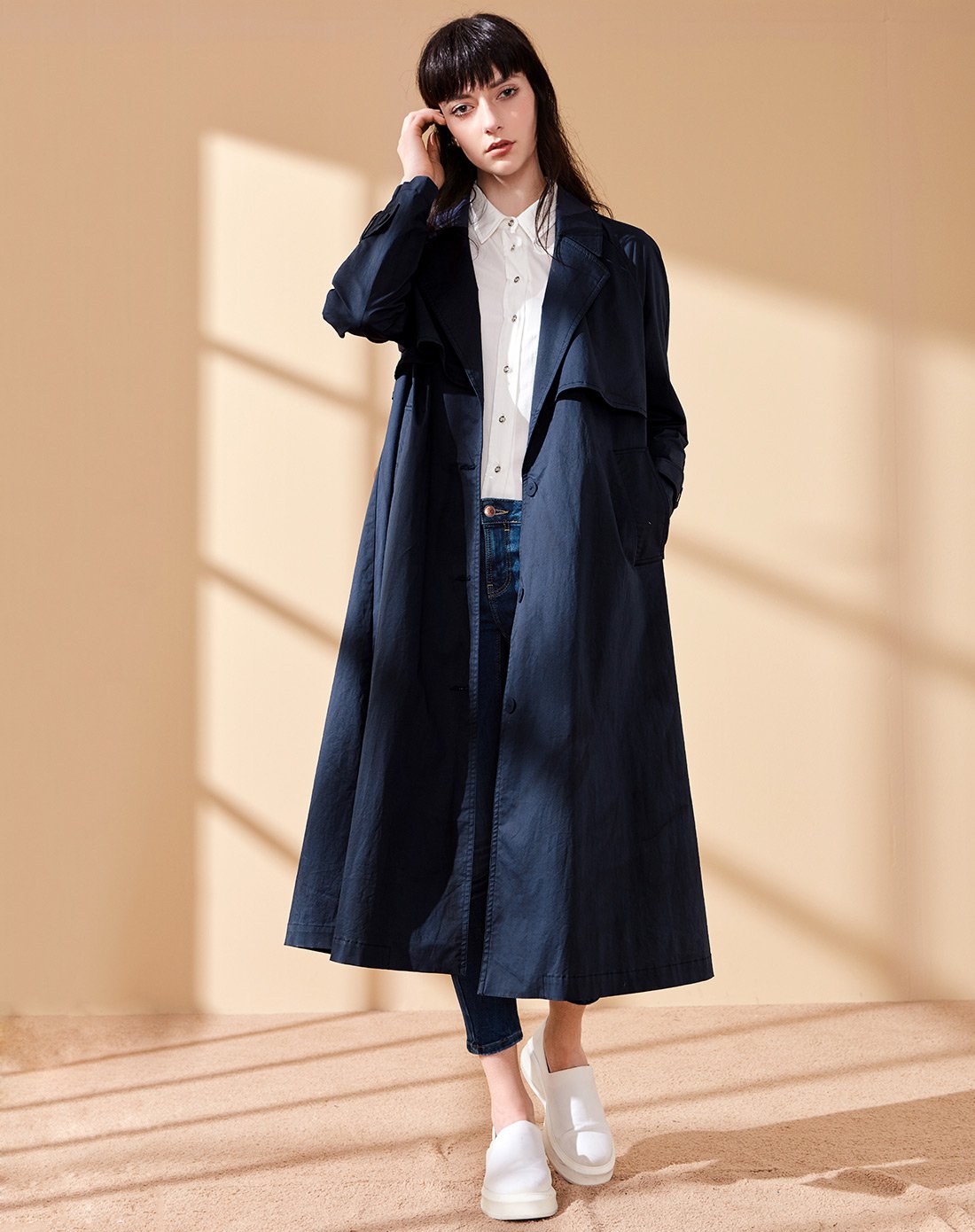 韩版休闲风衣藏青
