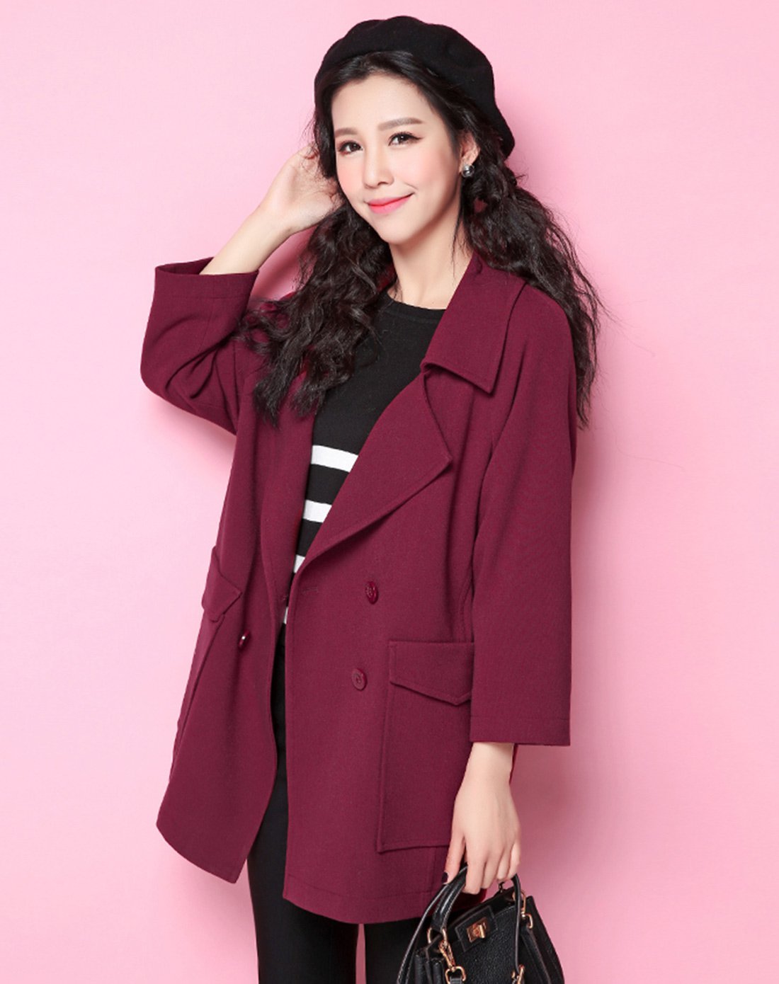 半开领大衣外套酒红