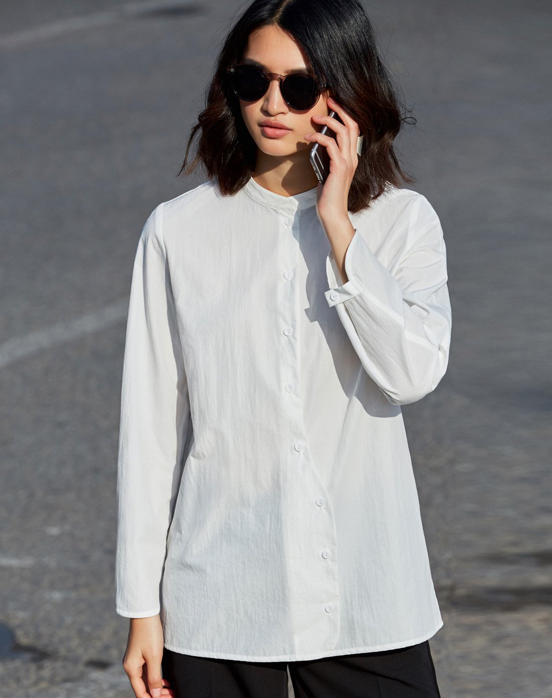 小立领纯色不规则门襟宽松中长衬衫黑色