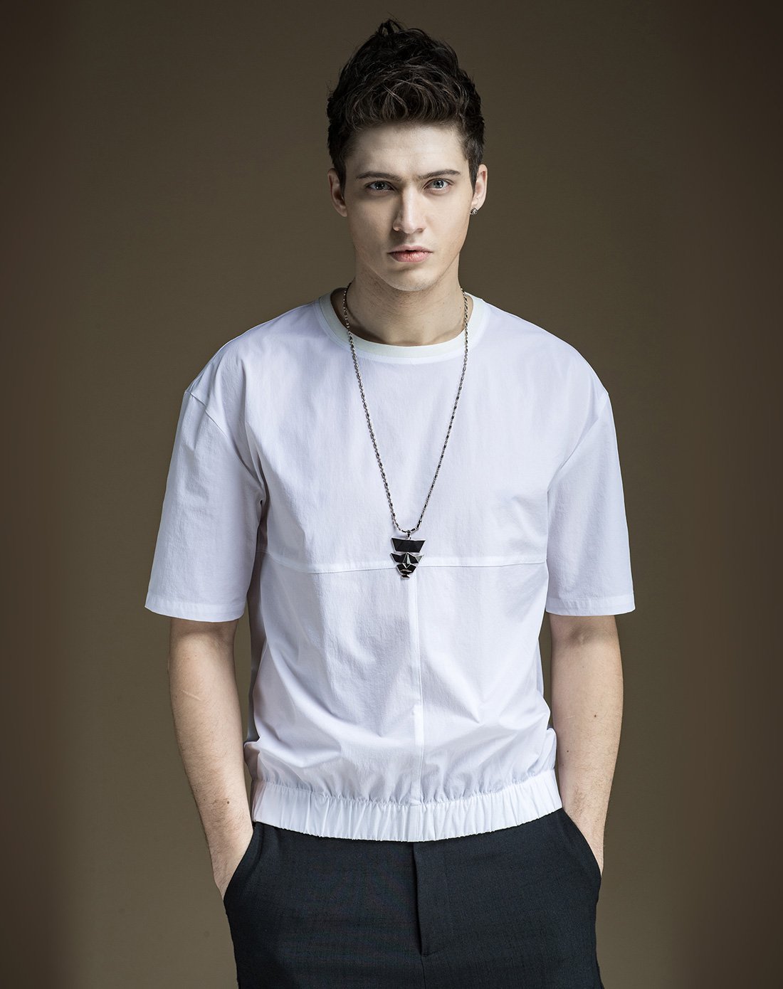 潮流修身罗纹领短袖t恤白色