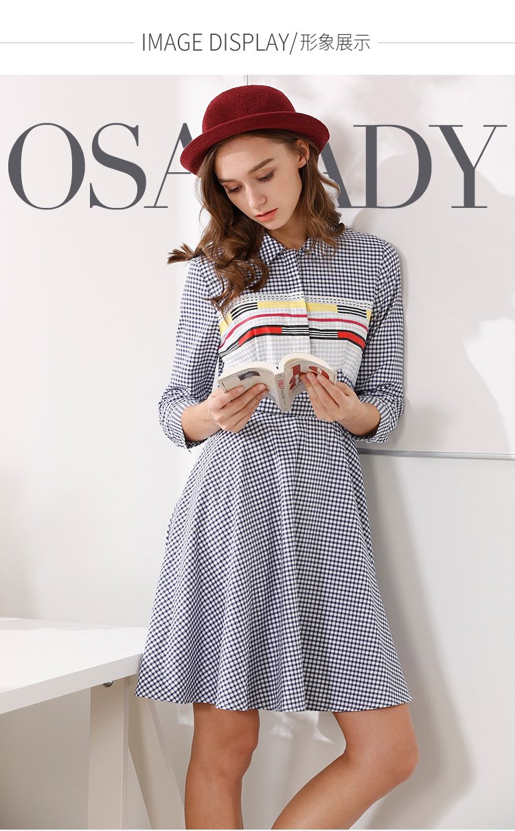 osa女装特卖旗舰店(旧)osa欧莎蓝白格色时尚七分袖连衣裙s117a1301