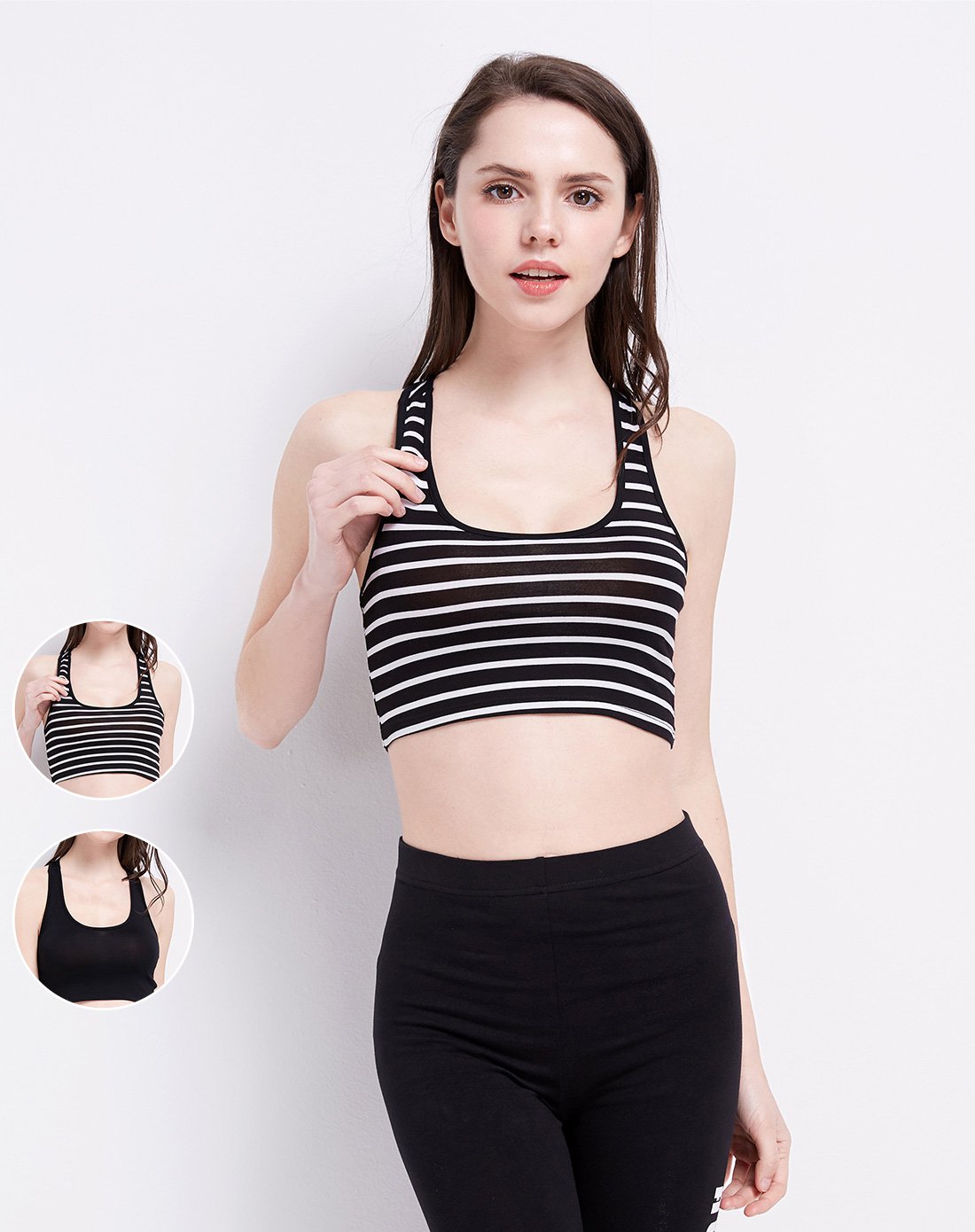 (两件装)三角背心女式宽身透气显瘦背心黑白条 黑色