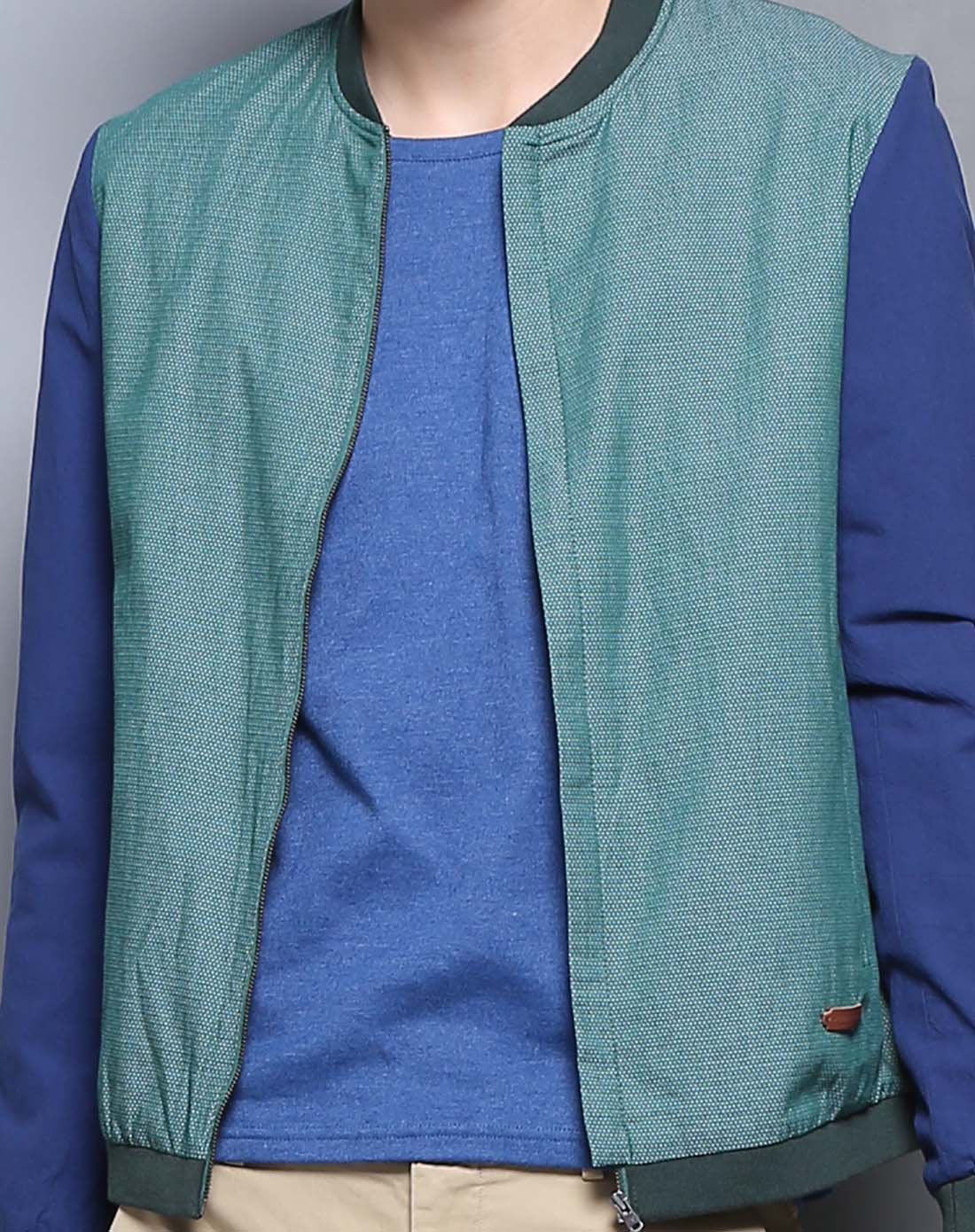 男装提点布撞皱布茄克青绿色