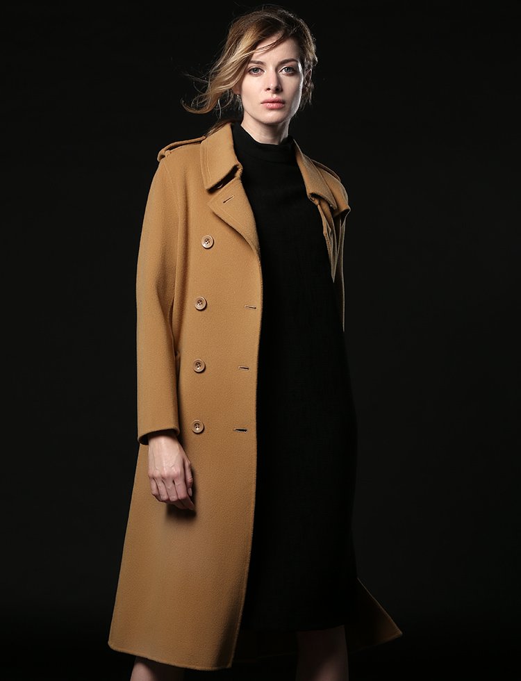 双排扣系带军装风长款呢料大衣