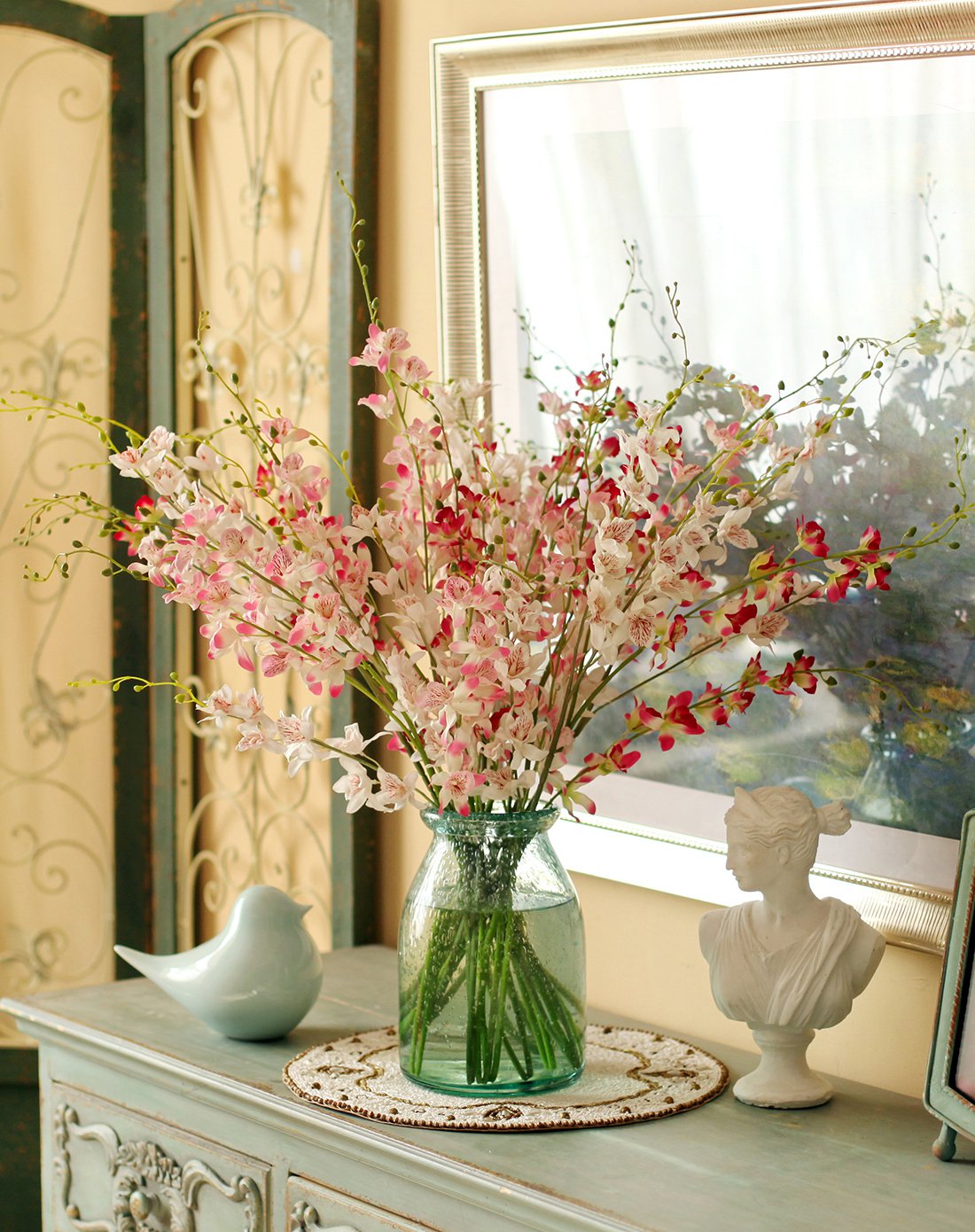 鱼西美屋 浪漫优雅的石斛兰仿真花套装 手工玻璃花瓶客厅插花艺假花