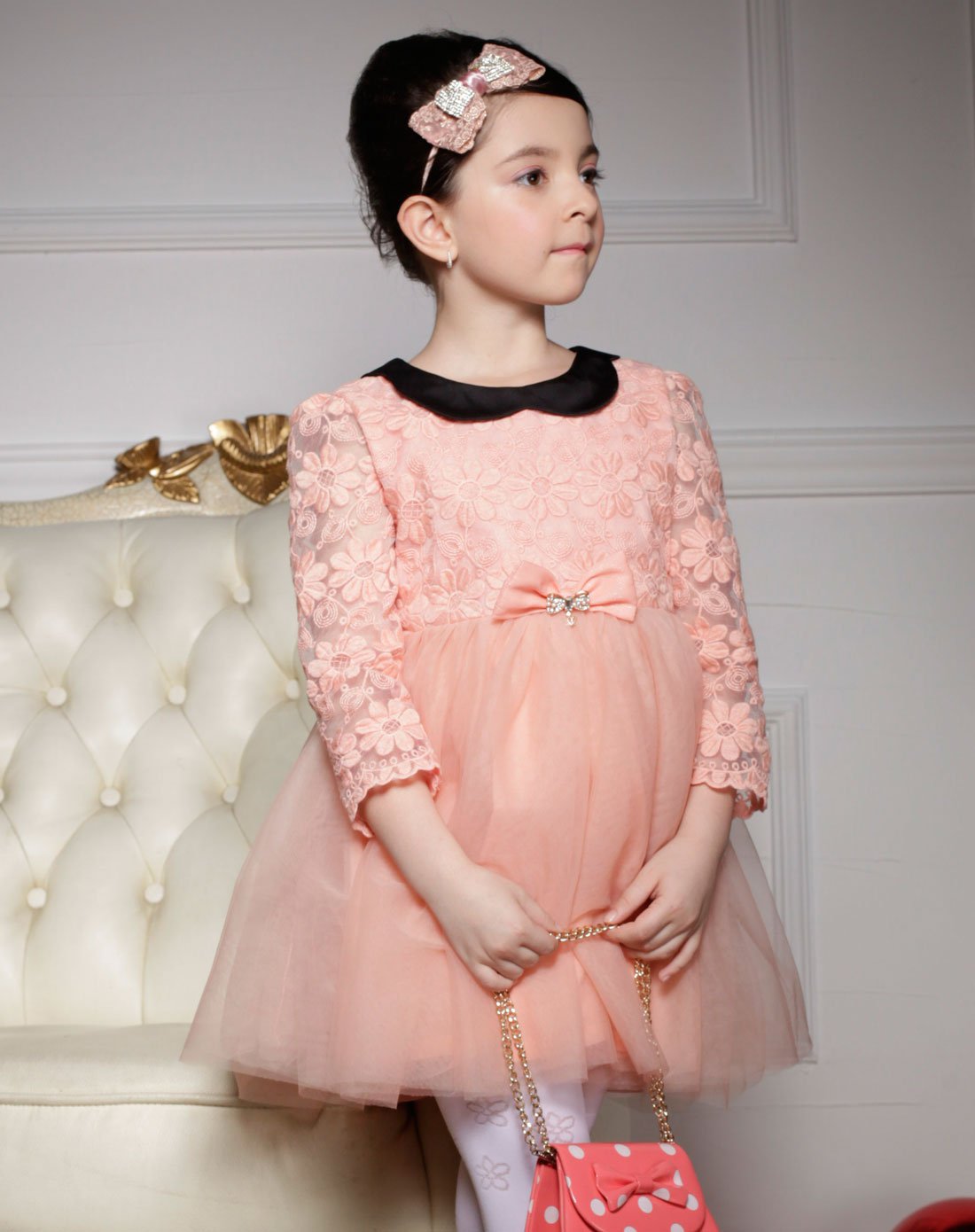 女童粉色蕾丝公主蓬蓬连衣裙