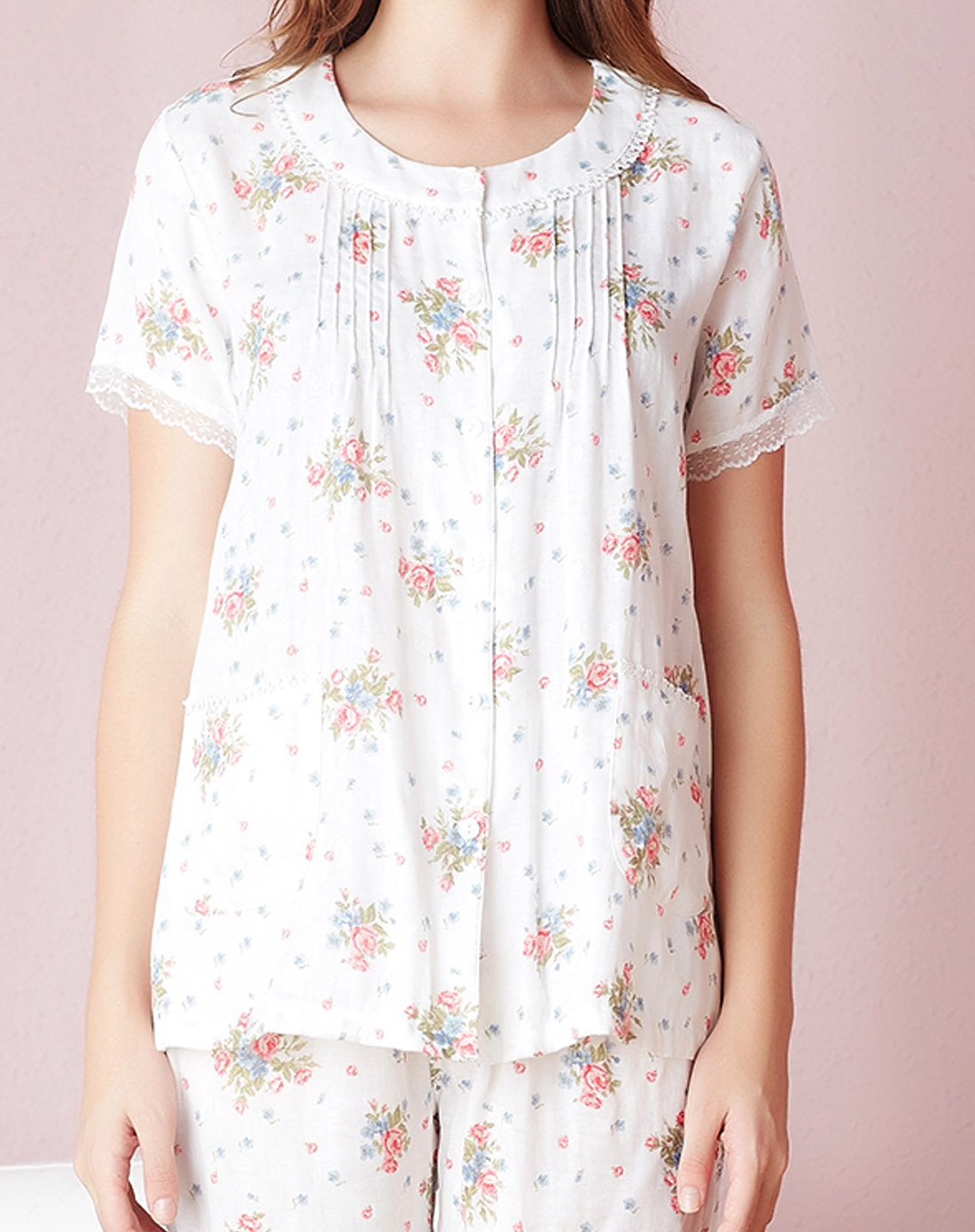 女款罗纱梭织印花大方短袖套装