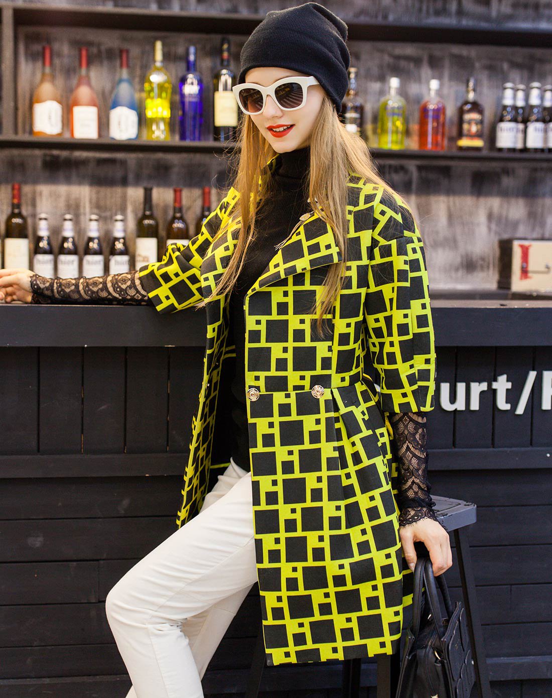 黄黑格子收腰显瘦长风衣女款风衣