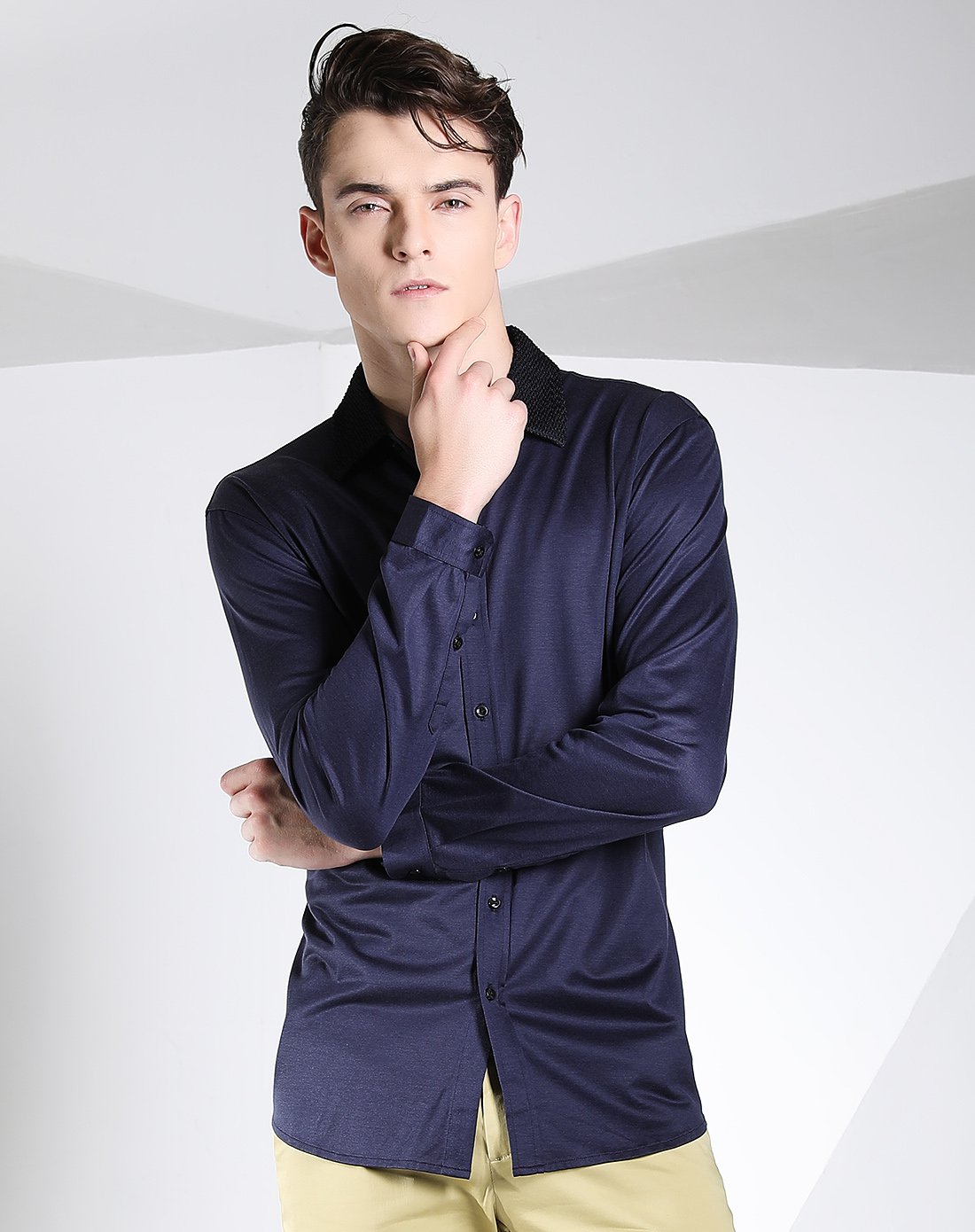 天丝棉含桑蚕丝柔滑百搭拼领男款长袖休闲衬衫