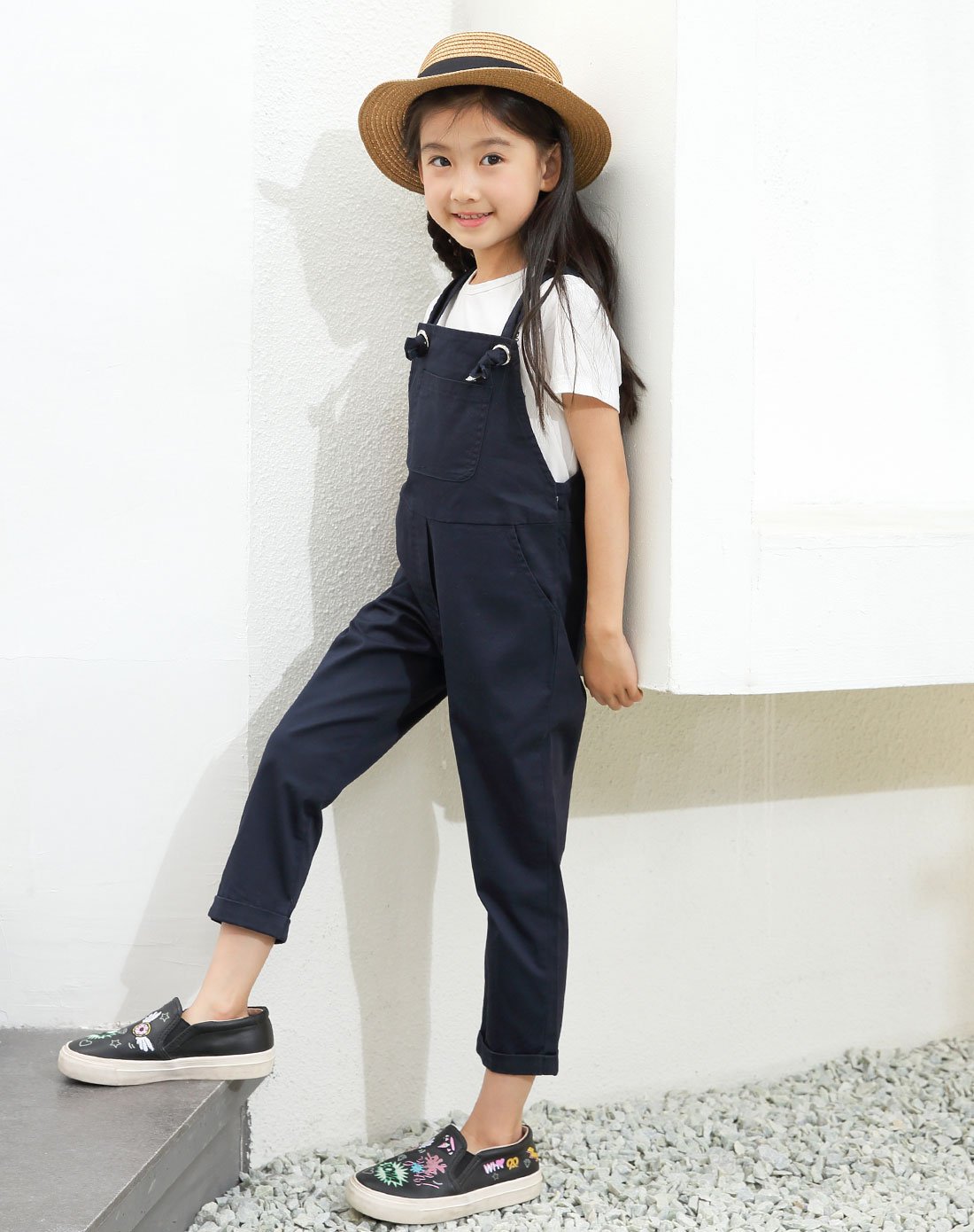 女童时尚宽边背带裤个性连体裤橘红