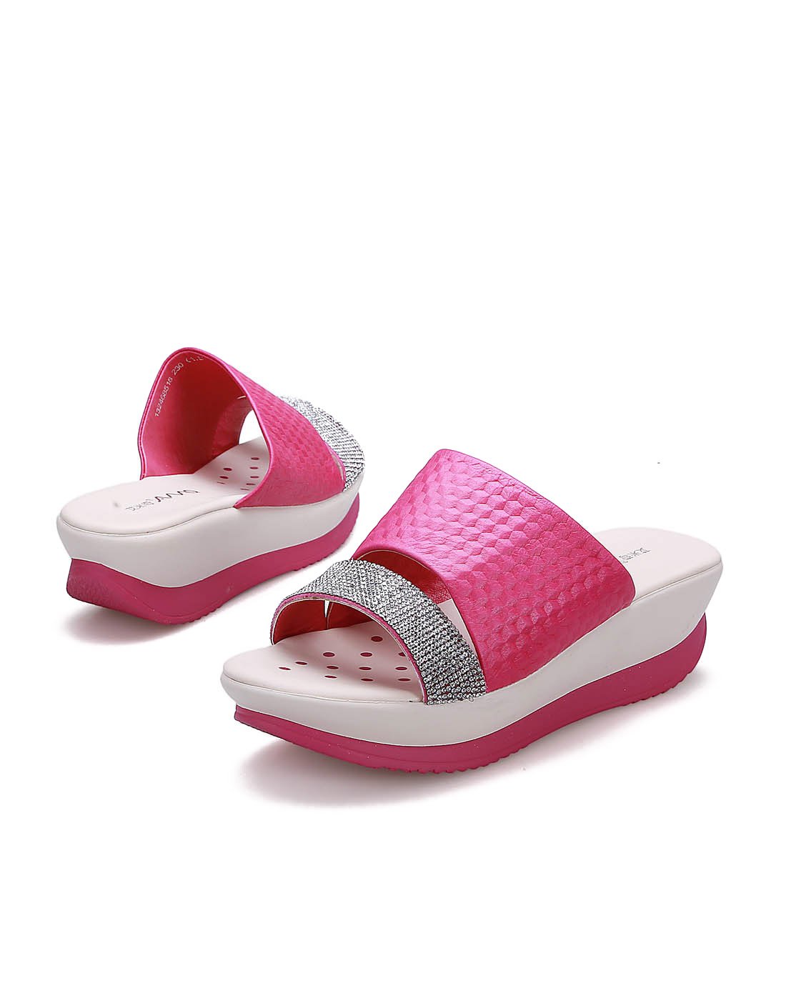 羊皮几何纹亮钻装饰厚底摇摇凉拖鞋玫红