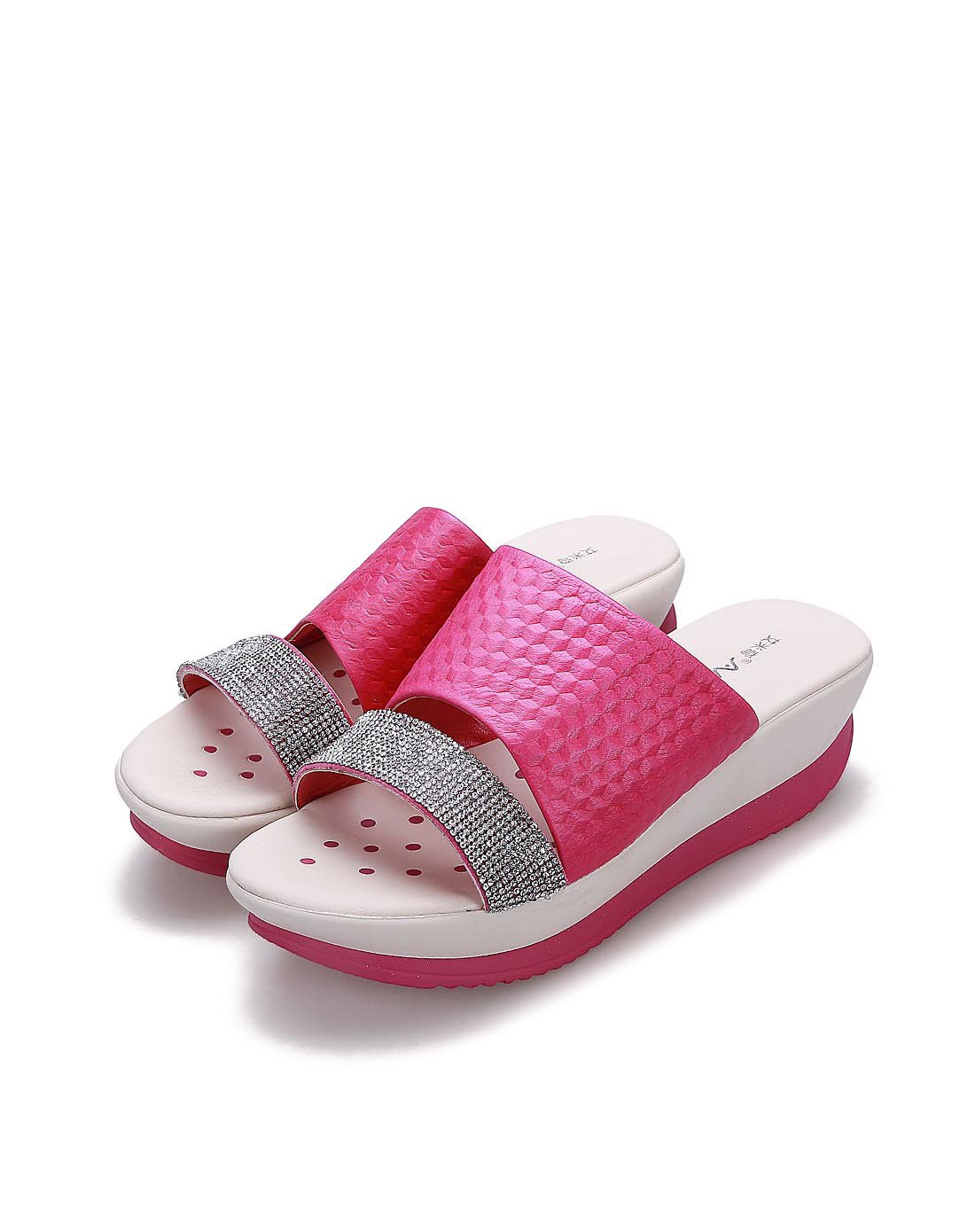 羊皮几何纹亮钻装饰厚底摇摇凉拖鞋玫红