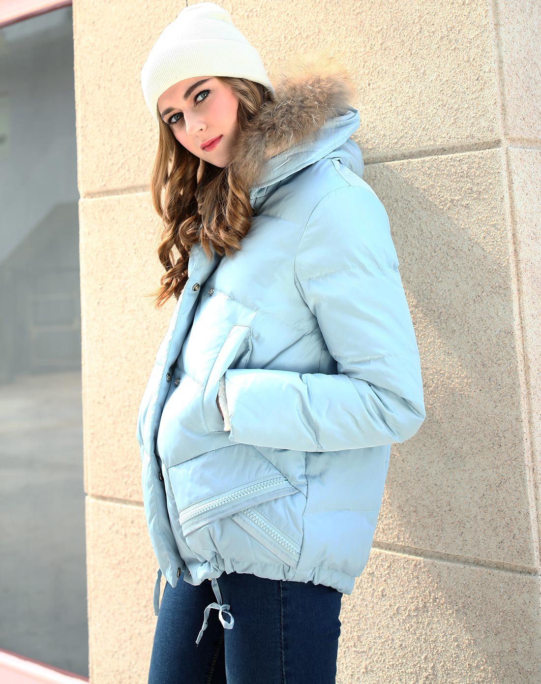 卡柏迪chicabooti女装冬清仓专场纯色小毛领百搭时尚短款羽绒服浅蓝