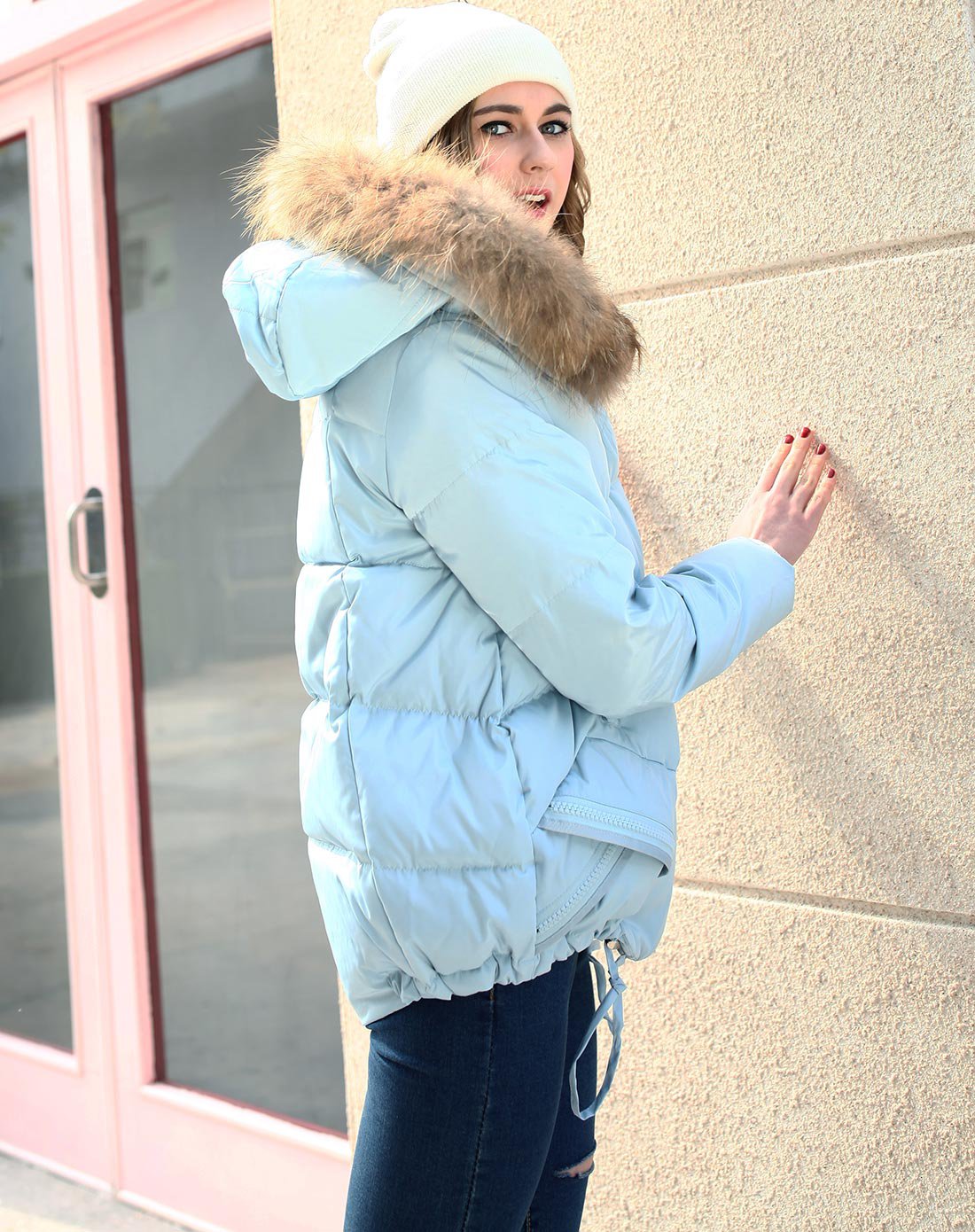 卡柏迪chicabooti女装冬清仓专场纯色小毛领百搭时尚短款羽绒服浅蓝