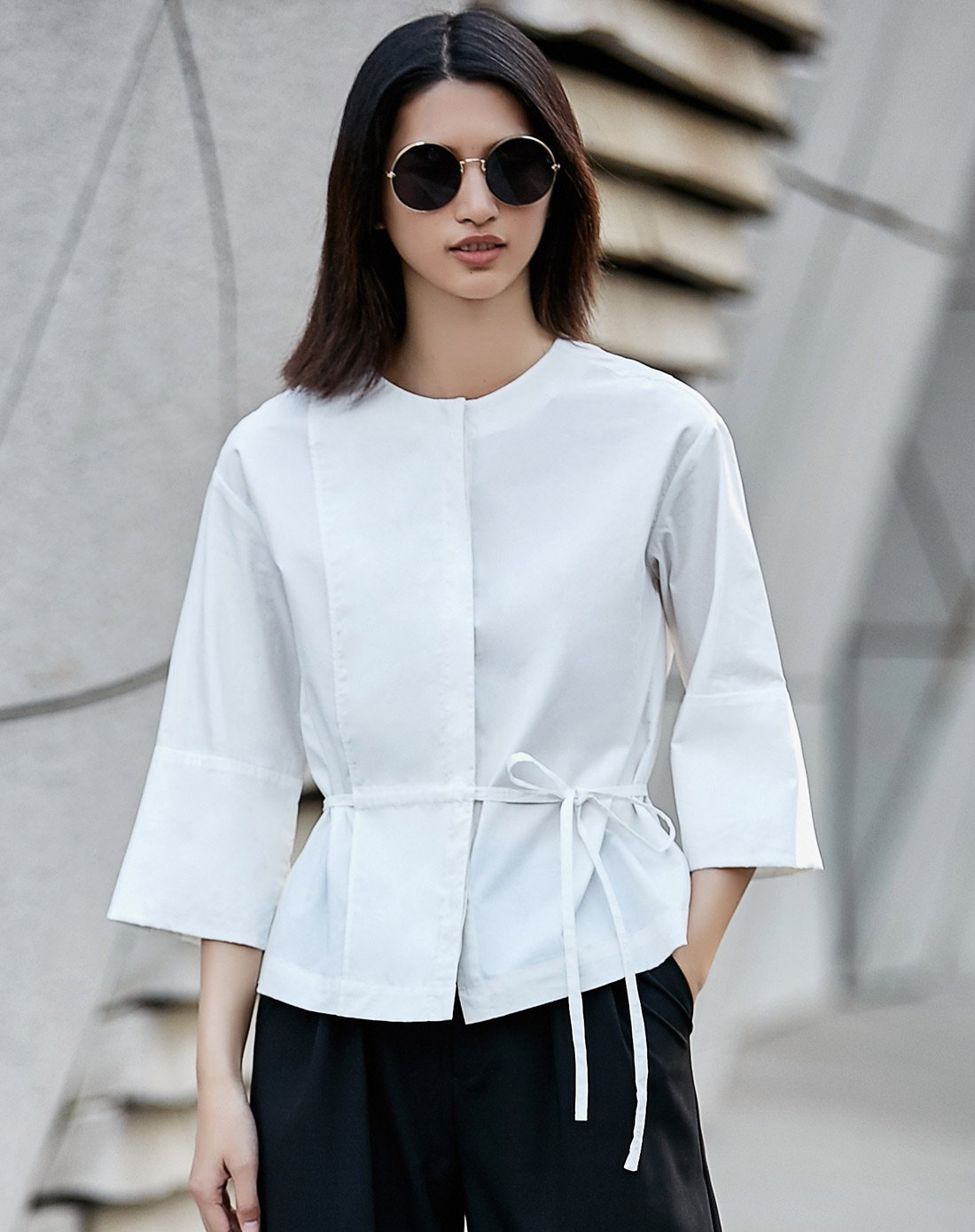 通勤落肩袖层次绑带衬衫黑色