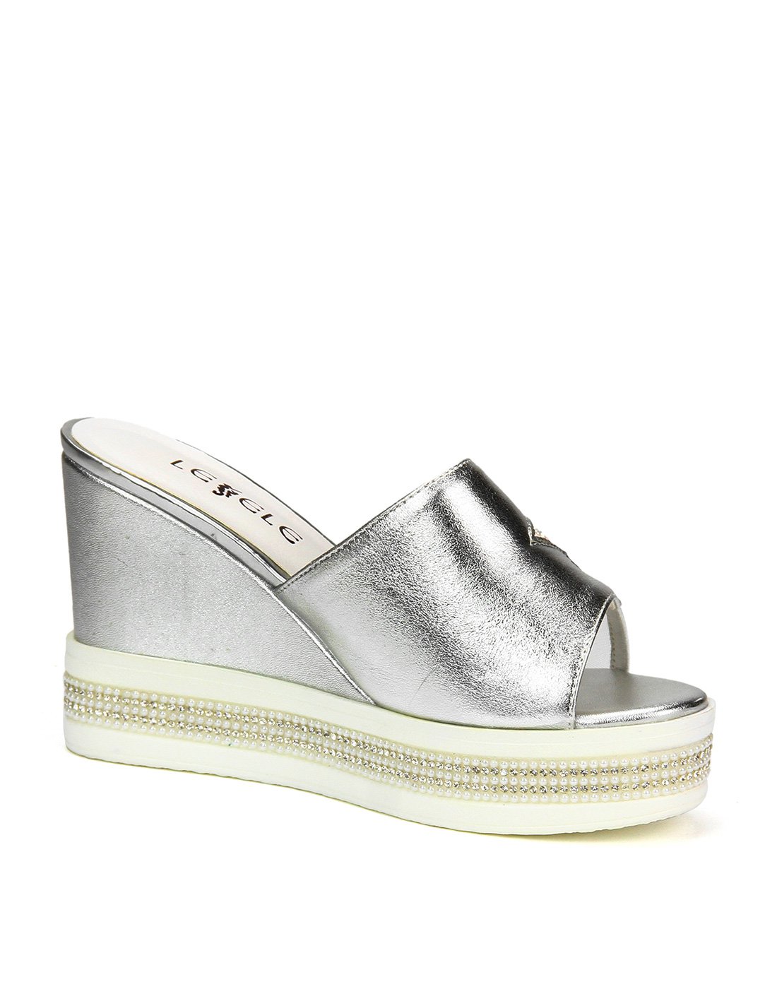 专柜同步银色牛皮/网可爱星星烫钻舒适坡跟拖鞋银色