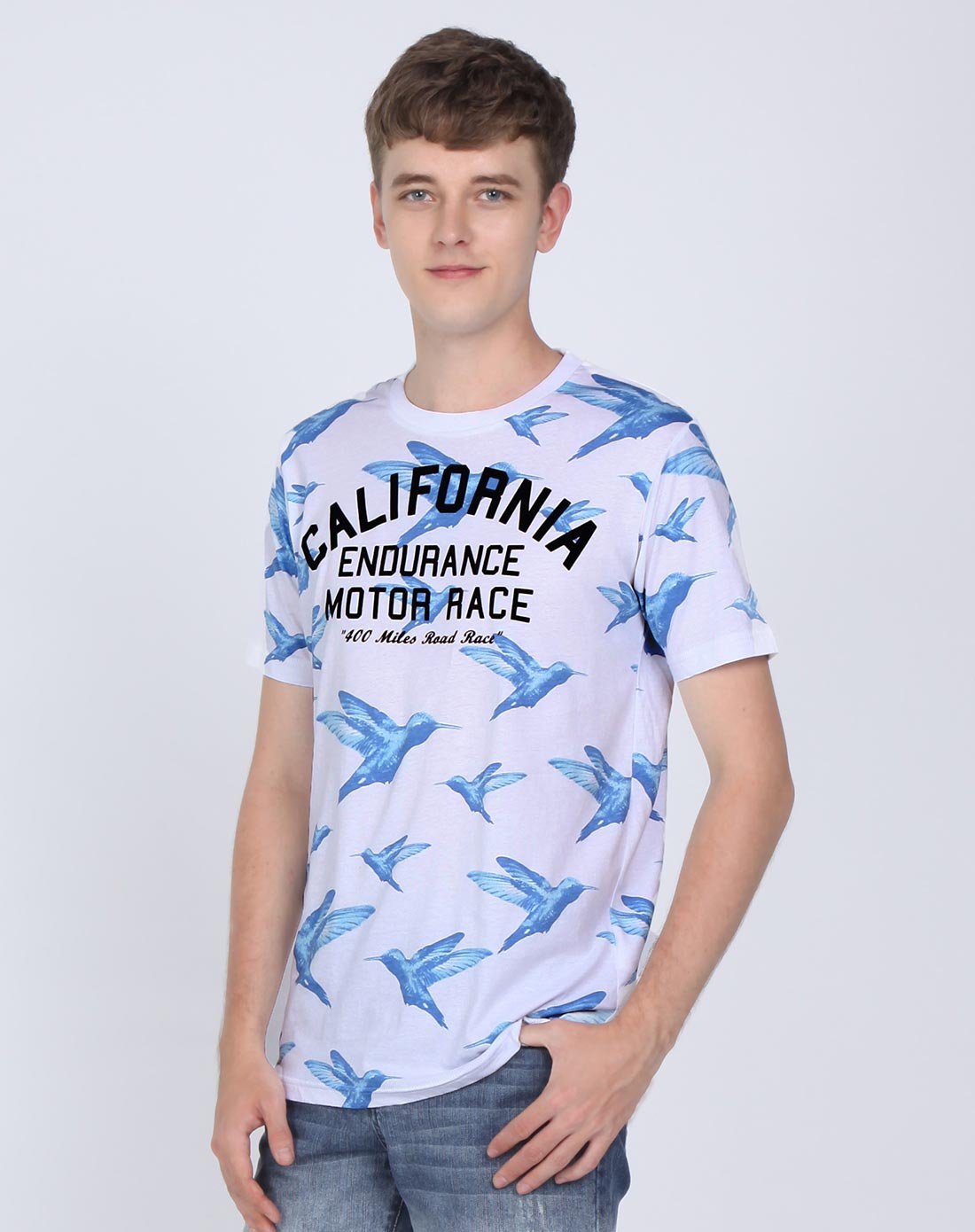 蜂鸟图案短袖t恤漂白色