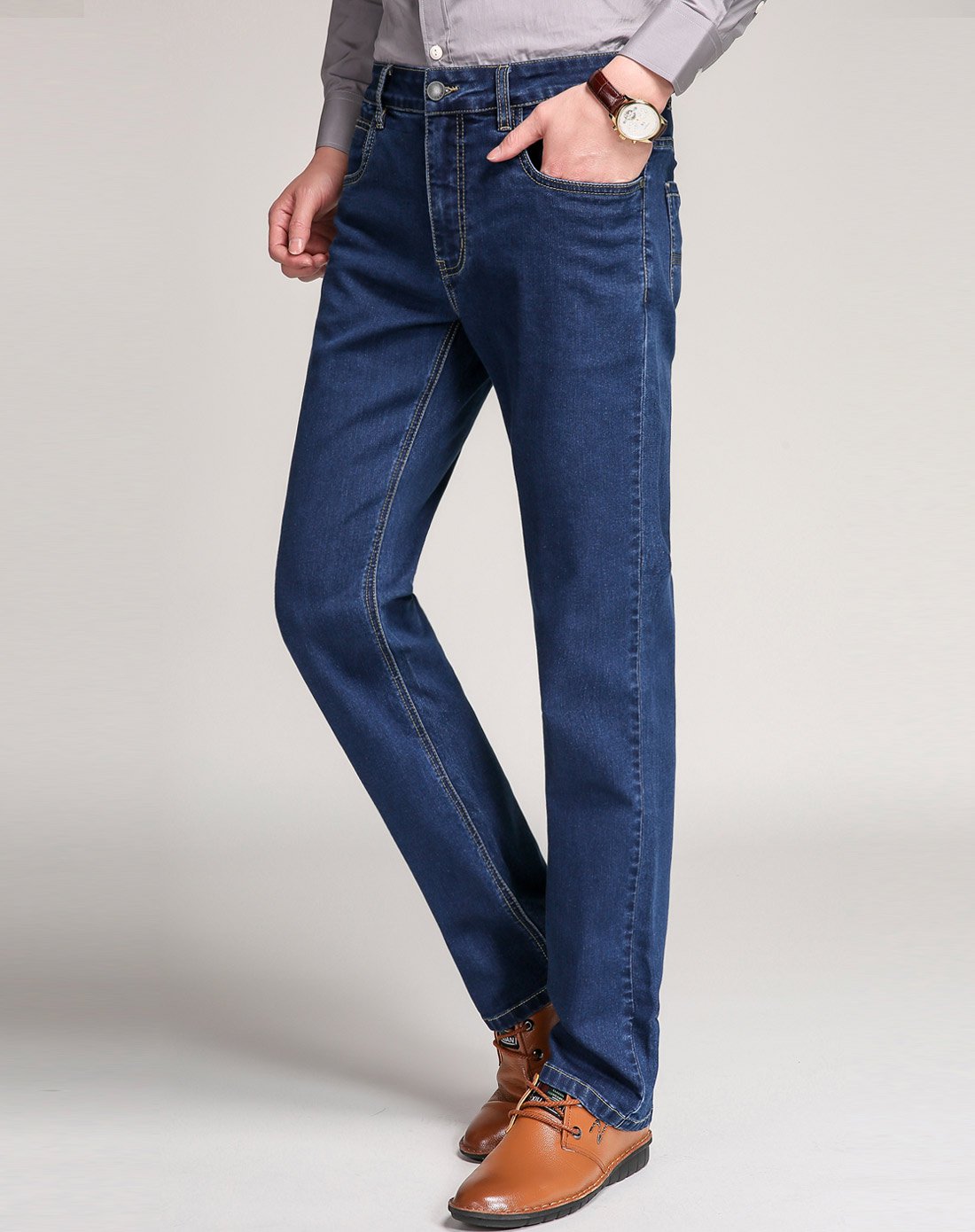 百圆裤业男款深蓝色舒适微弹修身薄款牛仔裤3w19u114_唯品会