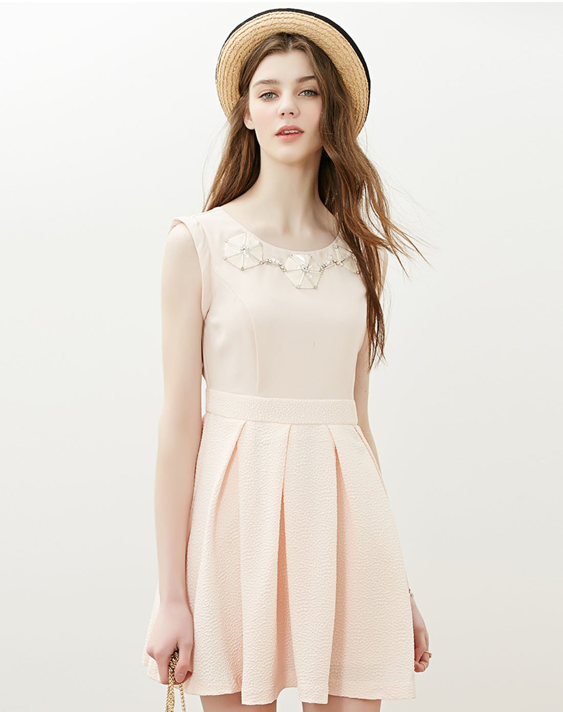 one more女装专场 one more文墨夏装领口钉珠连衣裙