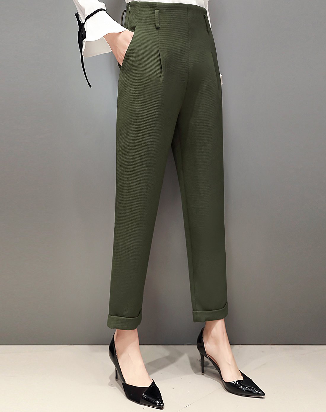 时尚纯色小脚休闲裤橄榄绿