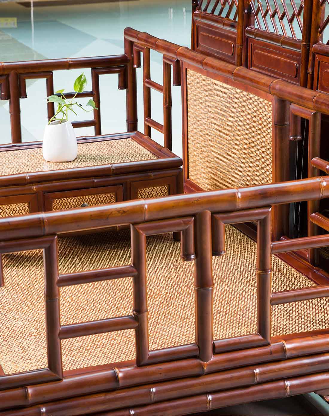 中式古典原竹雕刻双人竹榻沙发