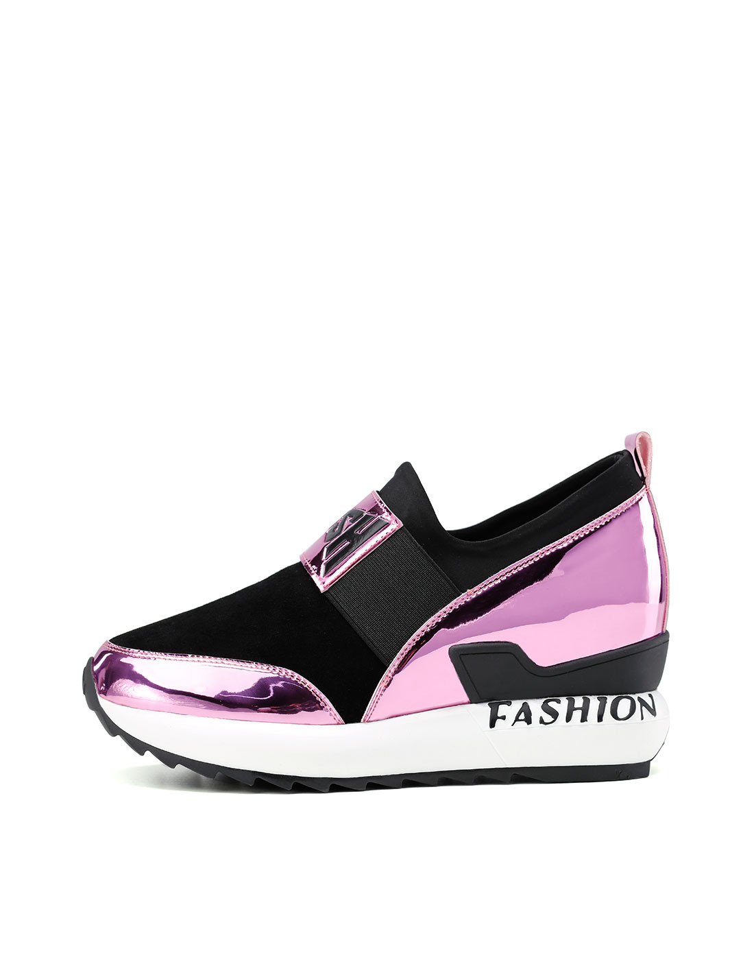 2017新款 牛皮拼接懒人一脚蹬内增高休闲鞋粉黑