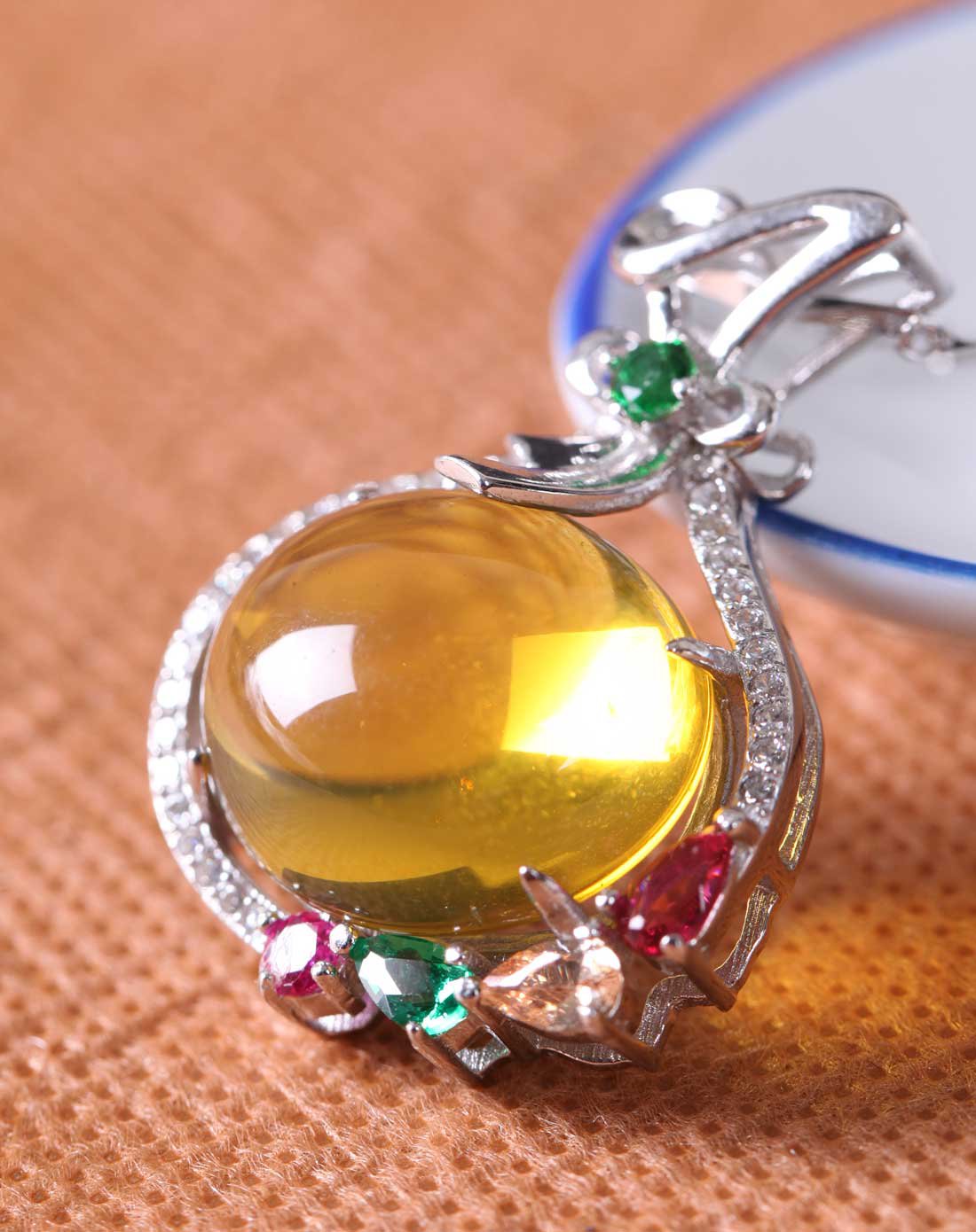 世玺仁合 精美钱袋金珀吊坠/佛教七宝