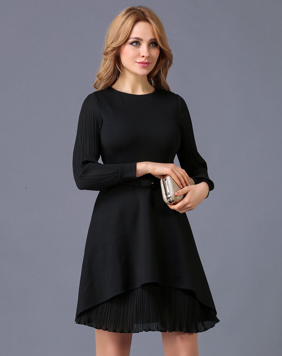 女款圆领拼接收腰淑女连衣裙