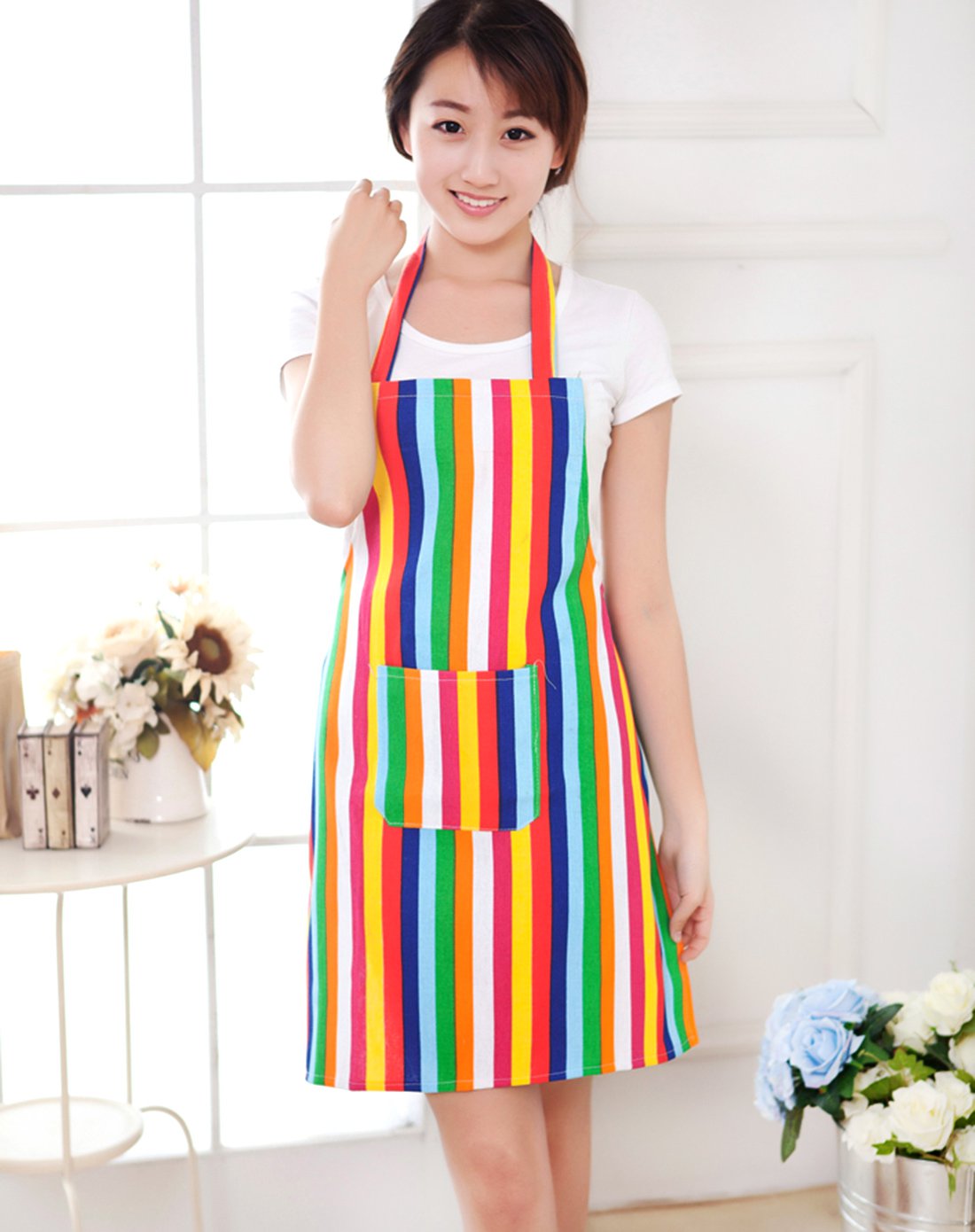 条纹帆布防油防污吊带围裙