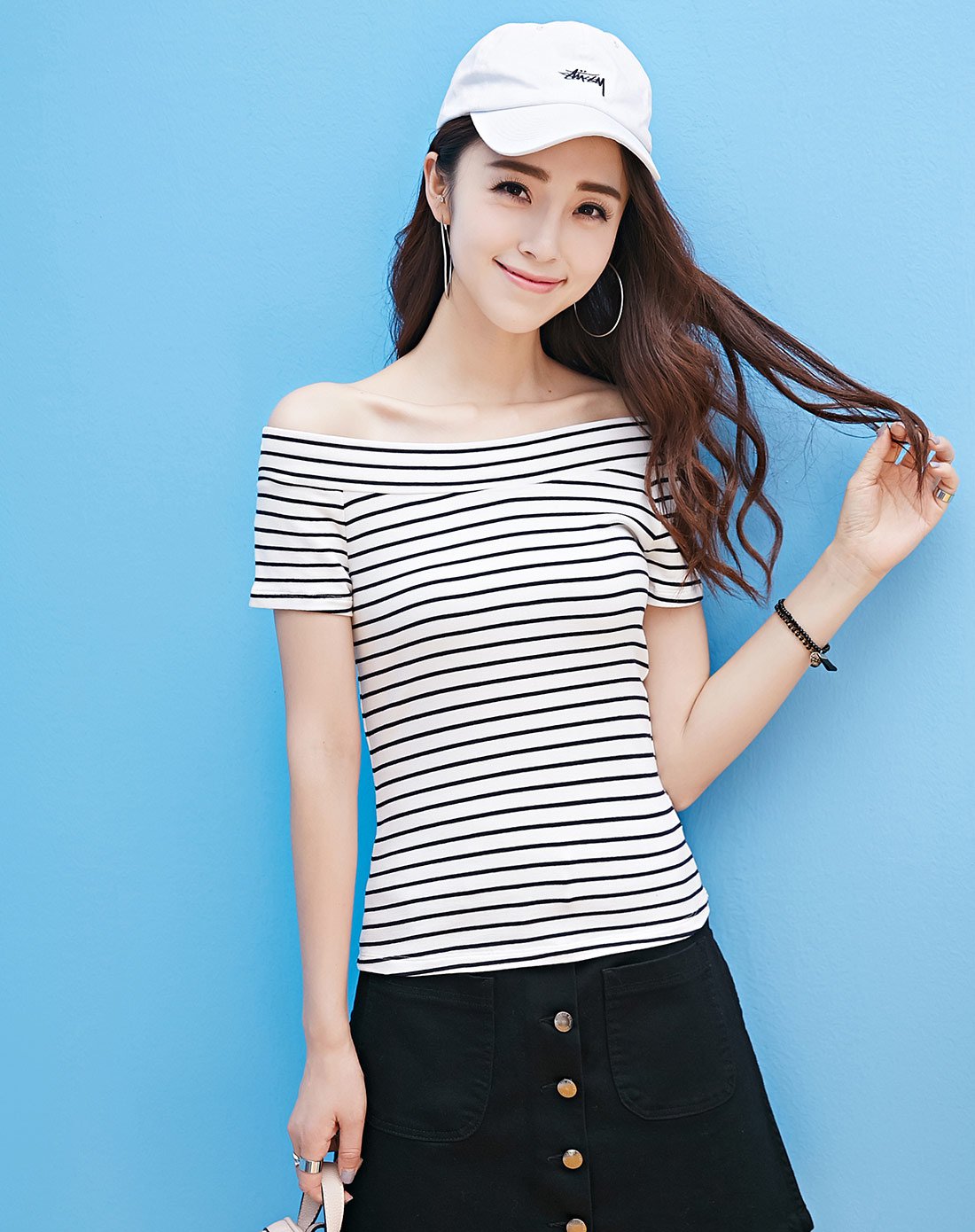 修身一字领条纹短袖t恤