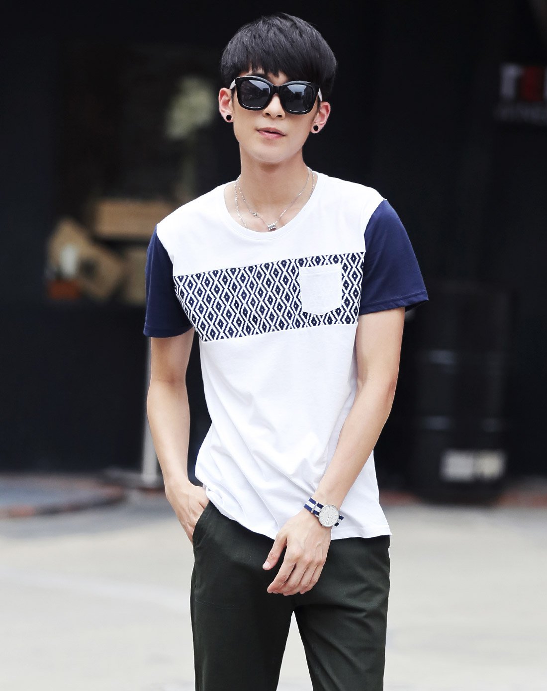 男款韩版休闲拼接短袖t恤宝蓝