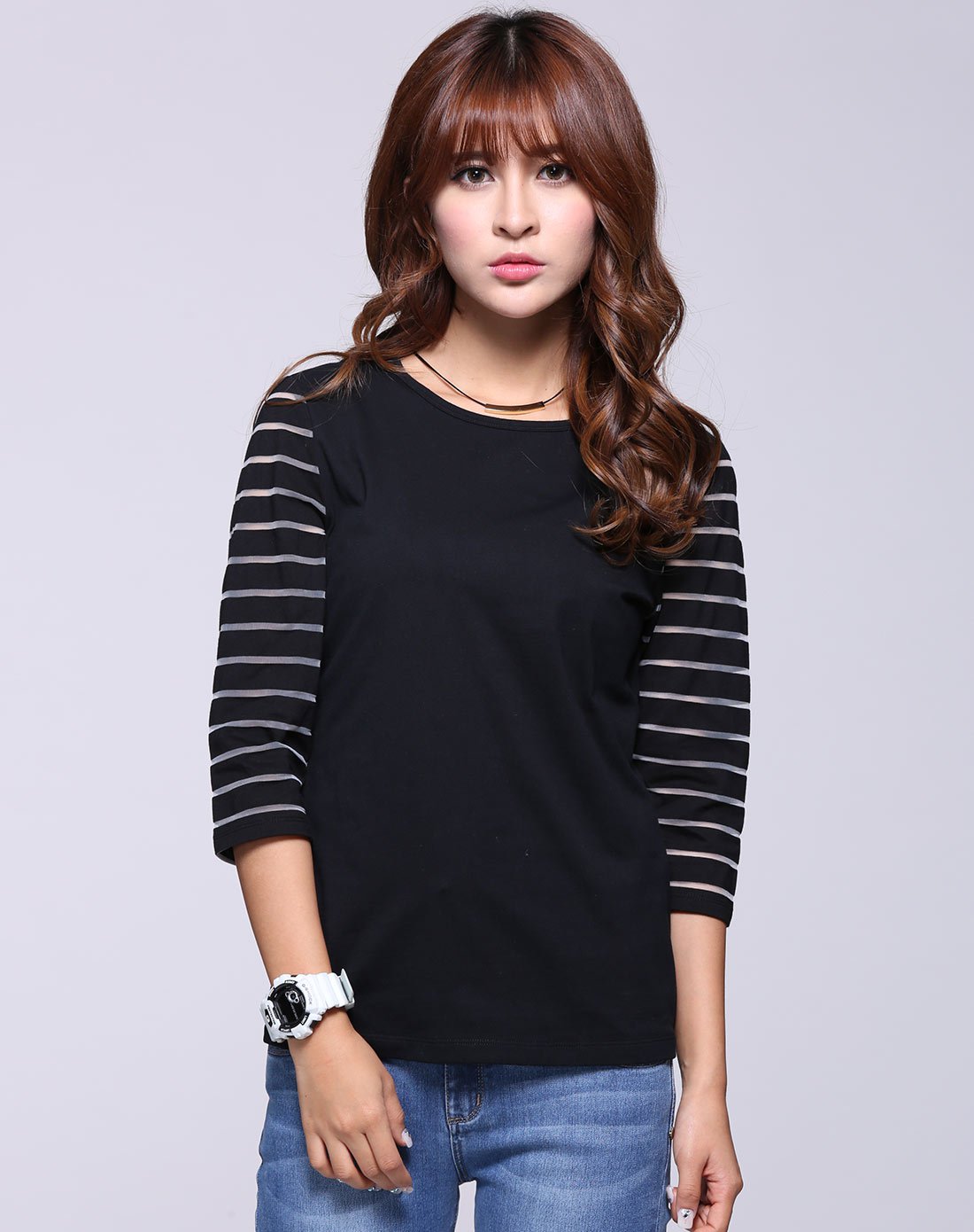 女装圆领透视净色中袖t恤