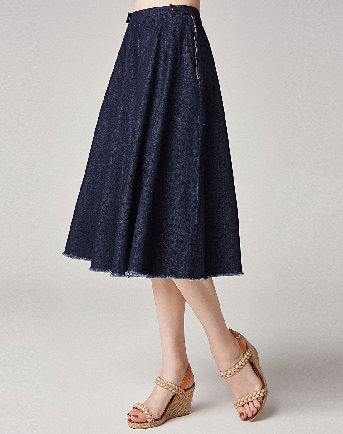 藏青色高腰纯色a字牛仔半身裙