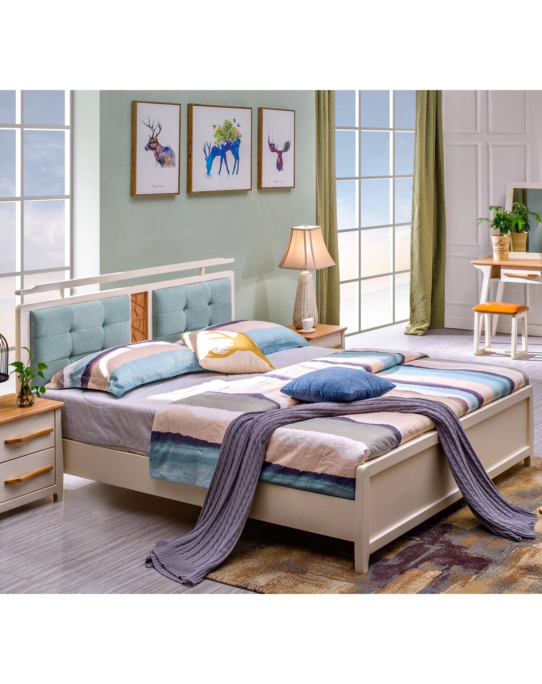 雅林家具-特卖旗舰店专场直发货北欧全实木双人床 带软靠yb601-a1