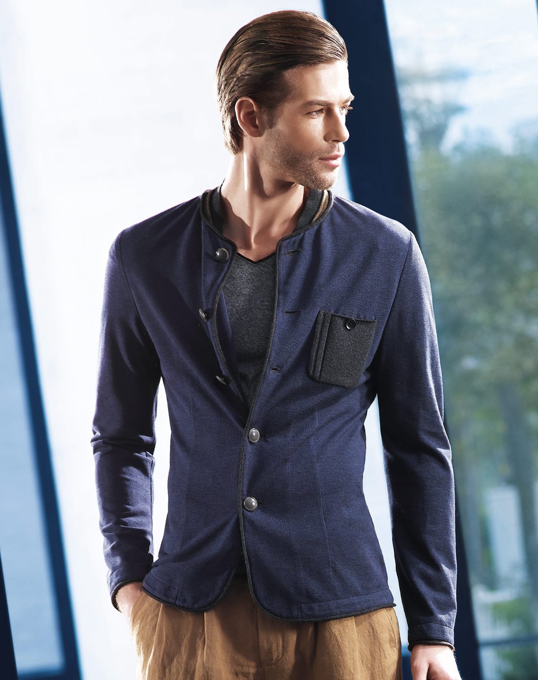 高档男士纯棉修身小立领针织休闲装酒红