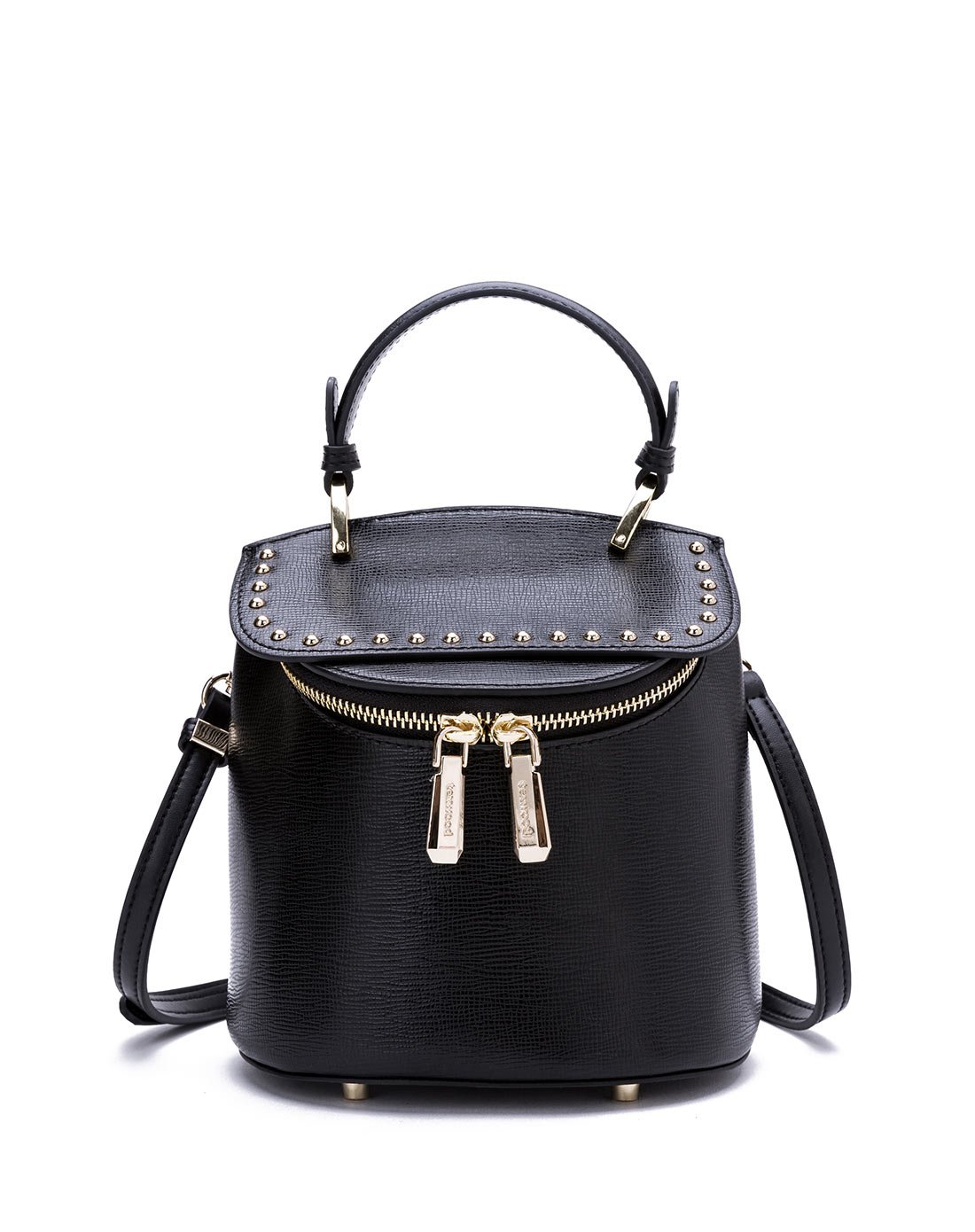 牛皮前卫铆钉水桶型女手提斜挎包