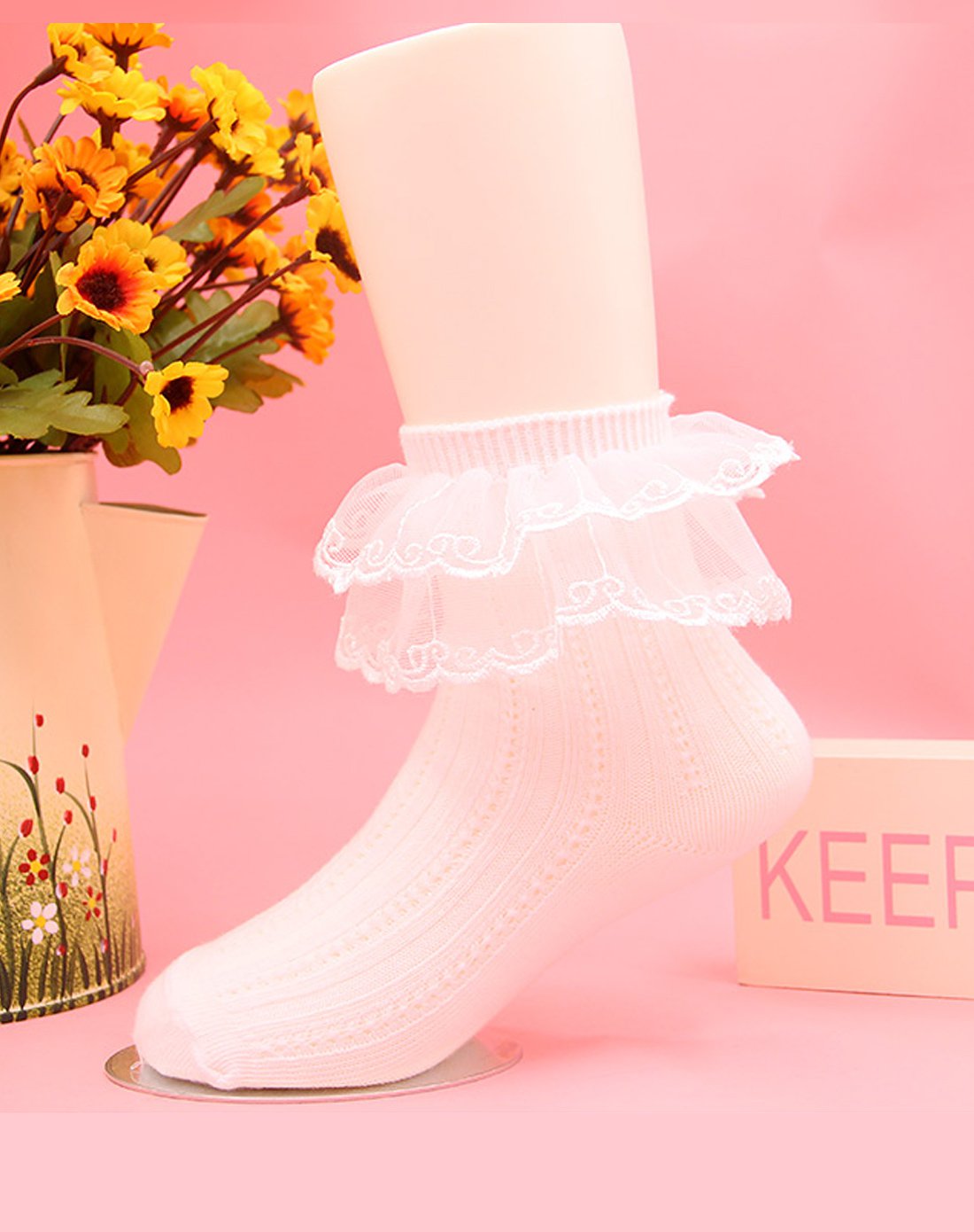 女童蕾丝花边短袜两双装白色粉色