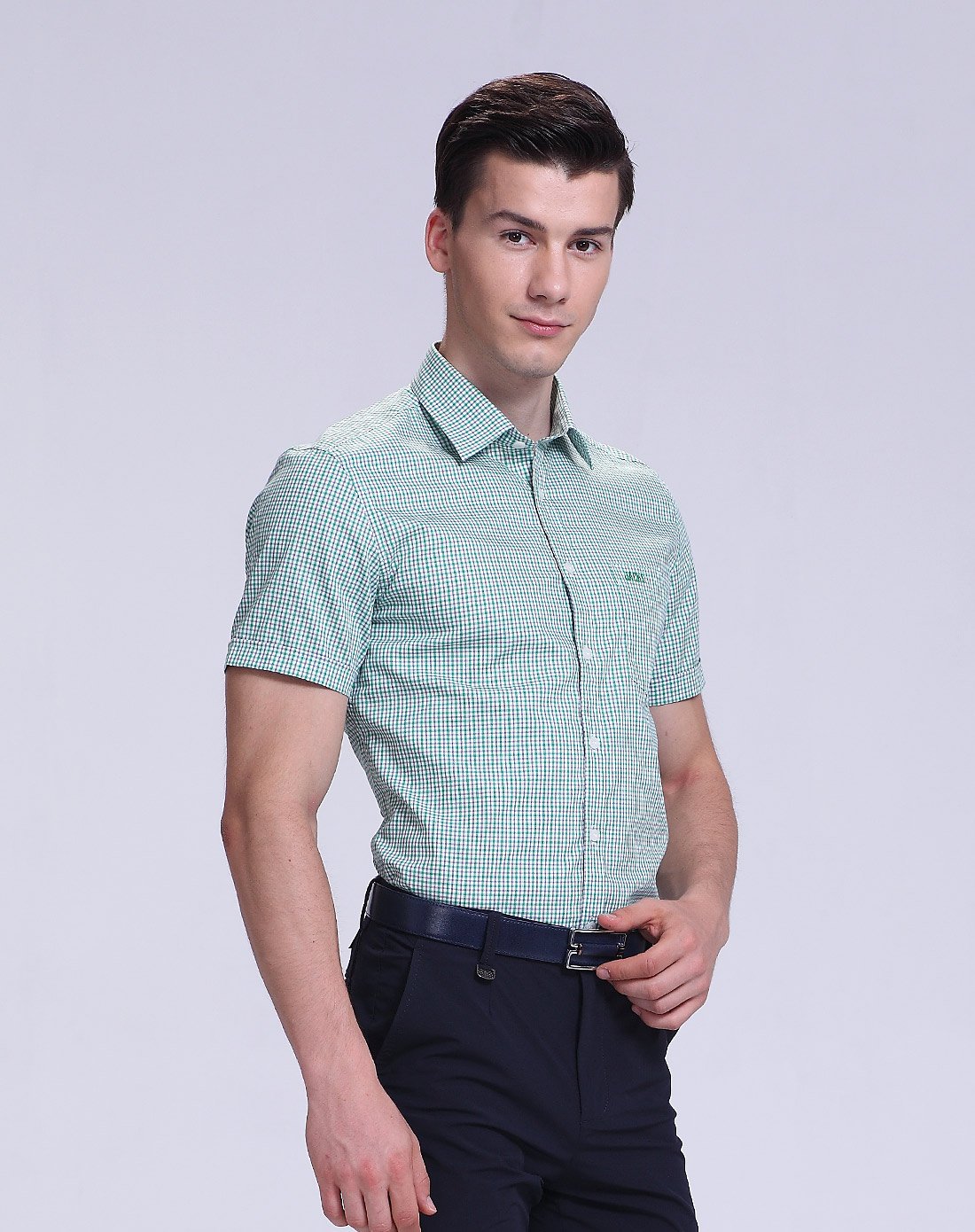 杰克斯男装时尚百搭休闲细格仔田园风格短袖衬衣男士衬衫