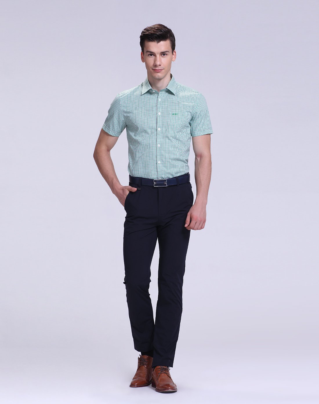 杰克斯男装时尚百搭休闲细格仔田园风格短袖衬衣男士衬衫