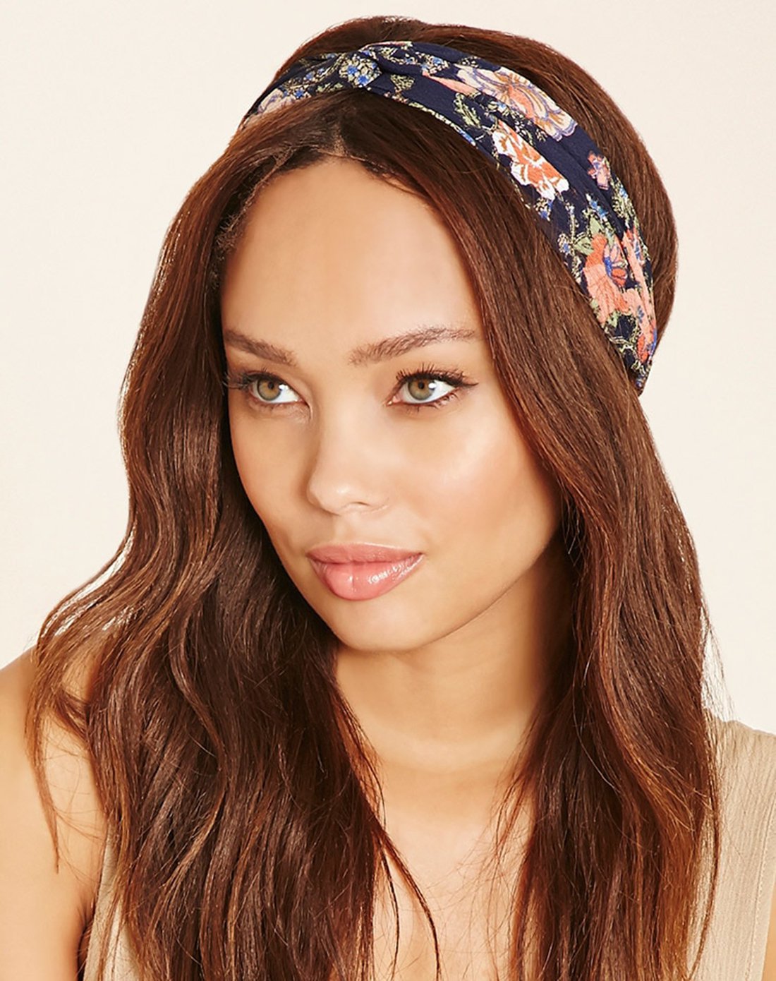 复古花朵印花弹力发带藏青色