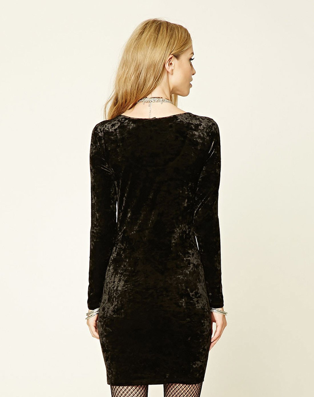 天鹅绒修身长袖连衣裙黑色