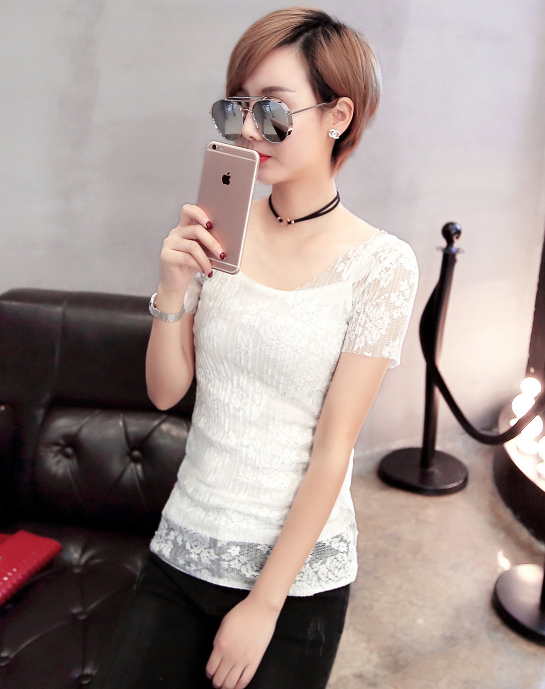 蕾丝复古短袖t恤(配吊带)粉色